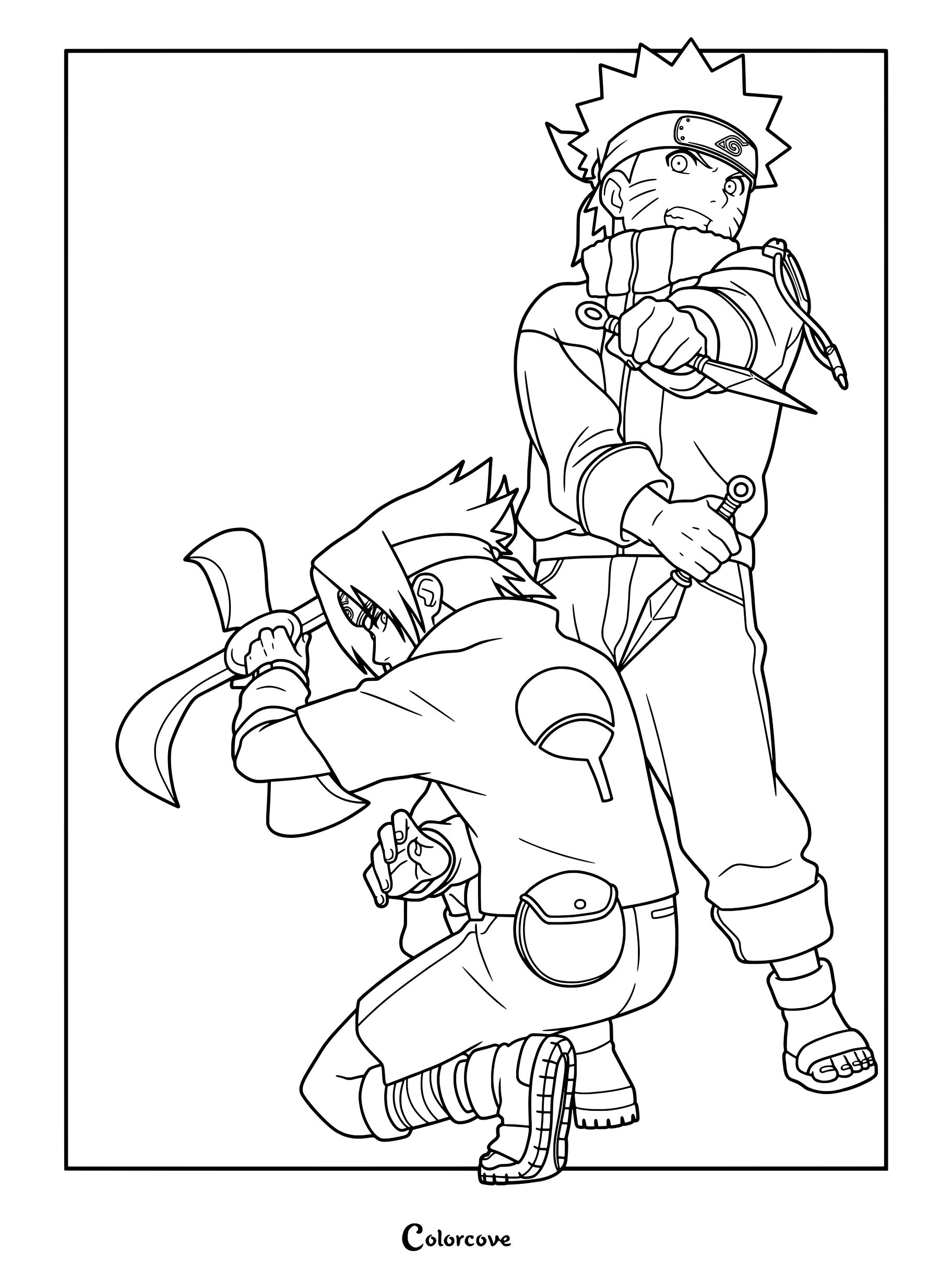 Page de coloriage de Sasuke et Naruto présentant Sasuke accroupi avec une épée et Naruto prêt au combat avec un kunai