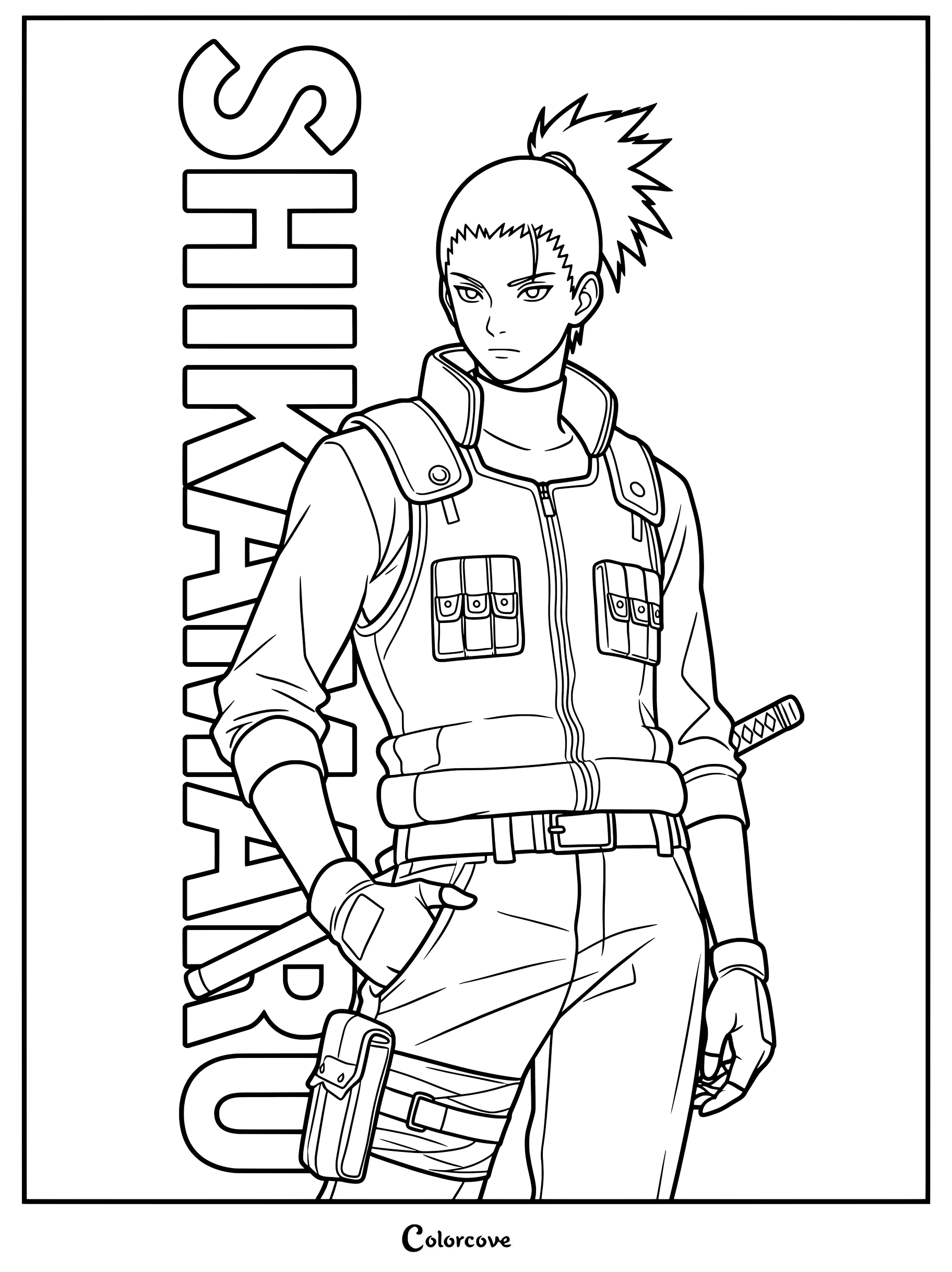 Coloriage de Shikamaru Nara représentant le ninja en veste tactique avec son nom inscrit verticalement à côté de lui