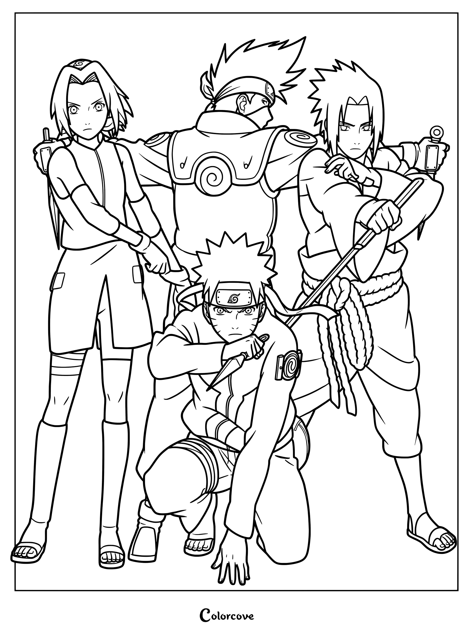 Page de coloriage à imprimer avec Naruto Uzumaki agenouillé à l'avant, et Sasuke Uchiwa, Sakura Haruno et Kakashi Hatake debout derrière lui