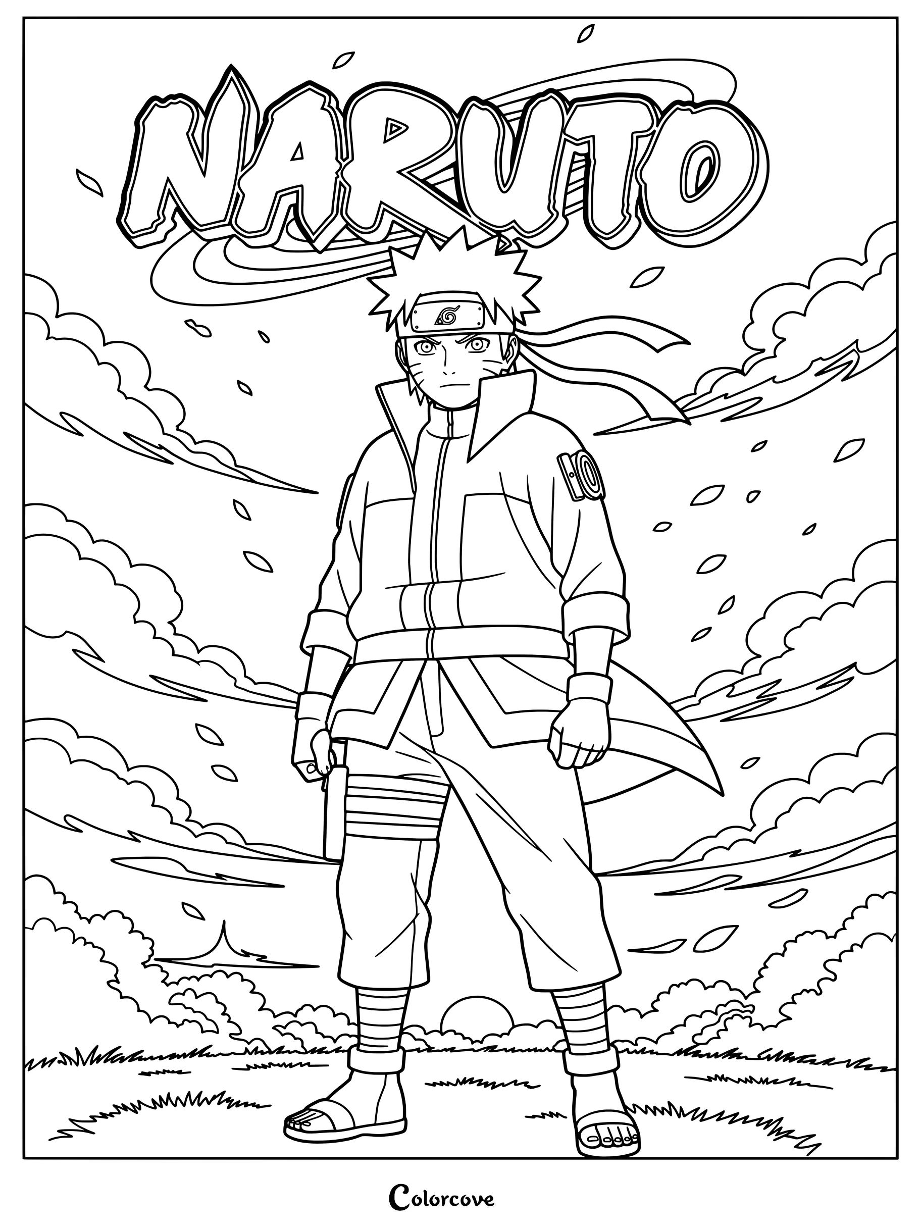 Coloriage de Naruto dans sa tenue de ninja classique orange et noire de la série Shippuden