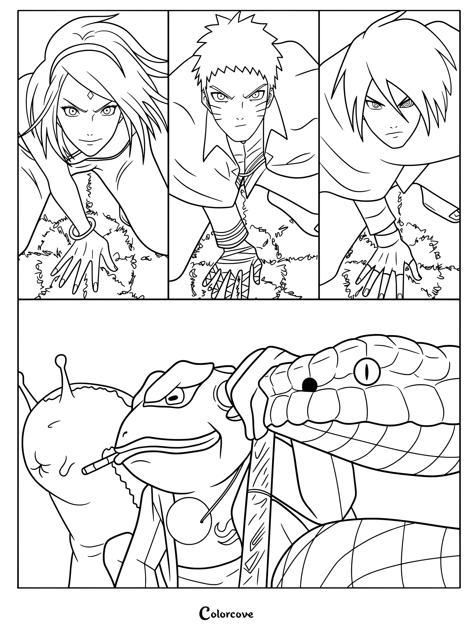 Page de coloriage de l'invocation des Nouveaux Sannin présentant Sakura, Naruto et Sasuke avec leurs invocations