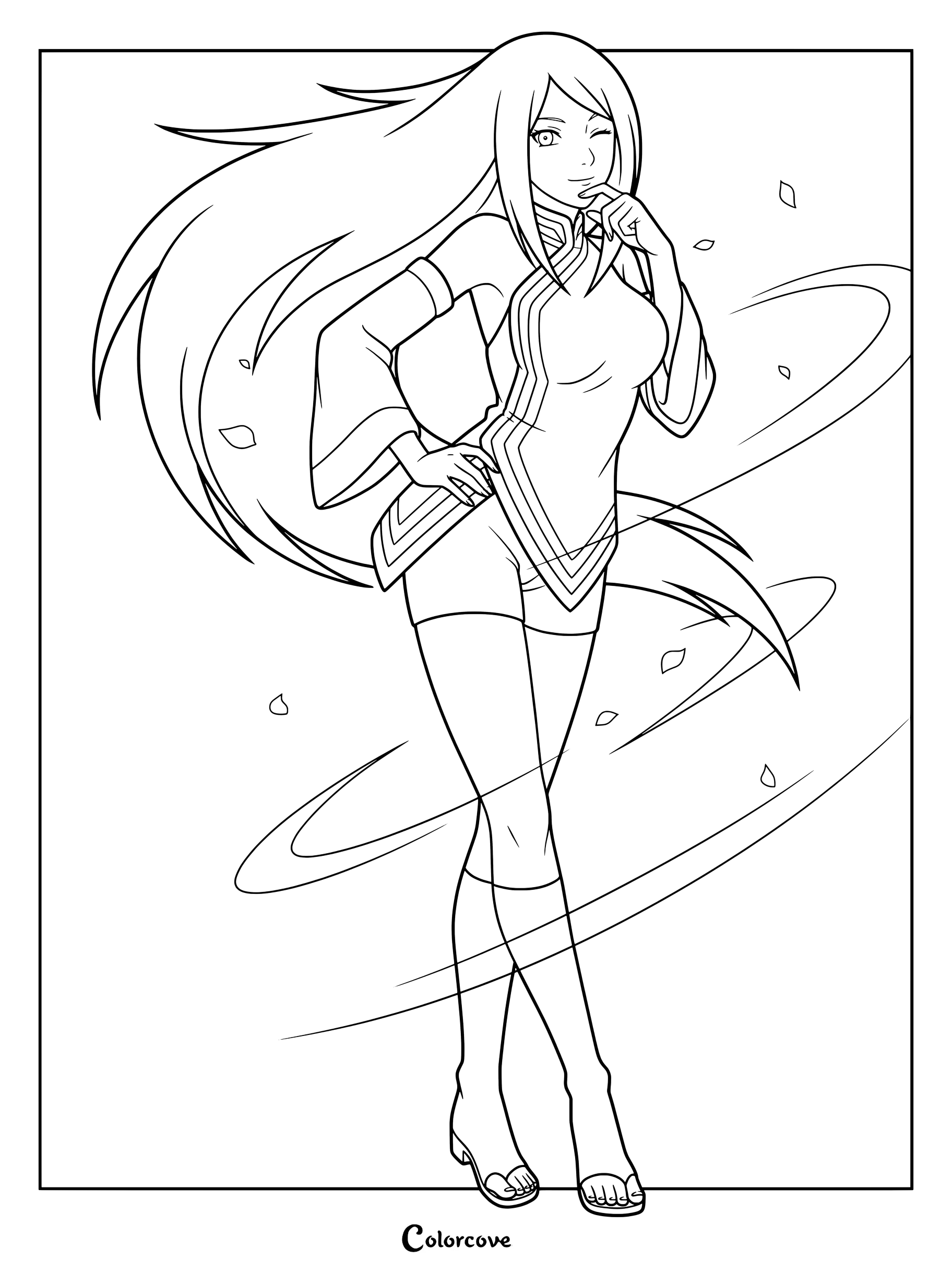 Coloriage à imprimer de Fūka, une kunoichi de Naruto Shippuden connue pour utiliser les cinq éléments de base du chakra, entourée d'un vent tourbillonnant.