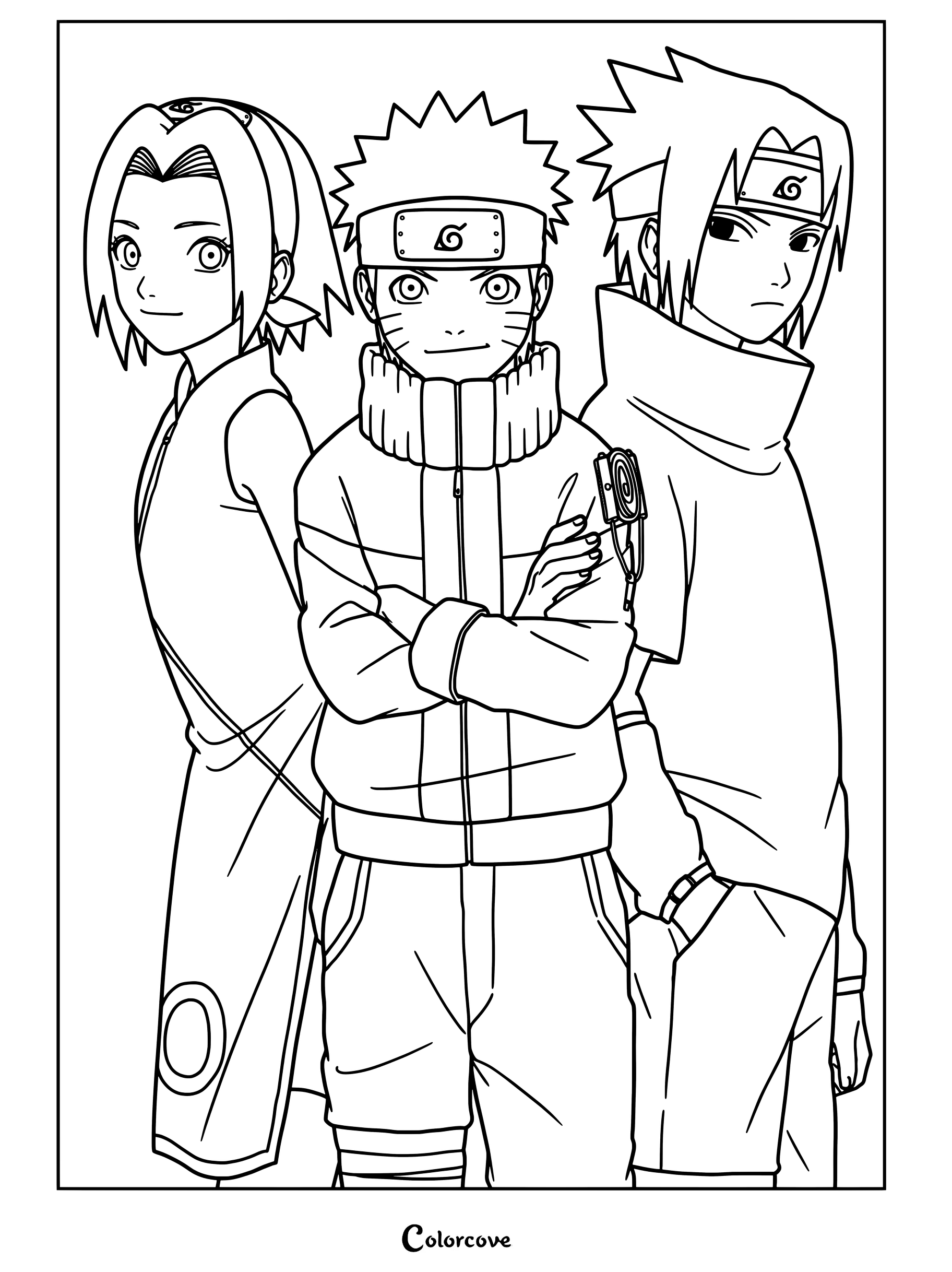 Les personnages Sakura Haruno, Naruto Uzumaki et Sasuke Uchiwa sont représentés ensemble dans cette page de coloriage à imprimer