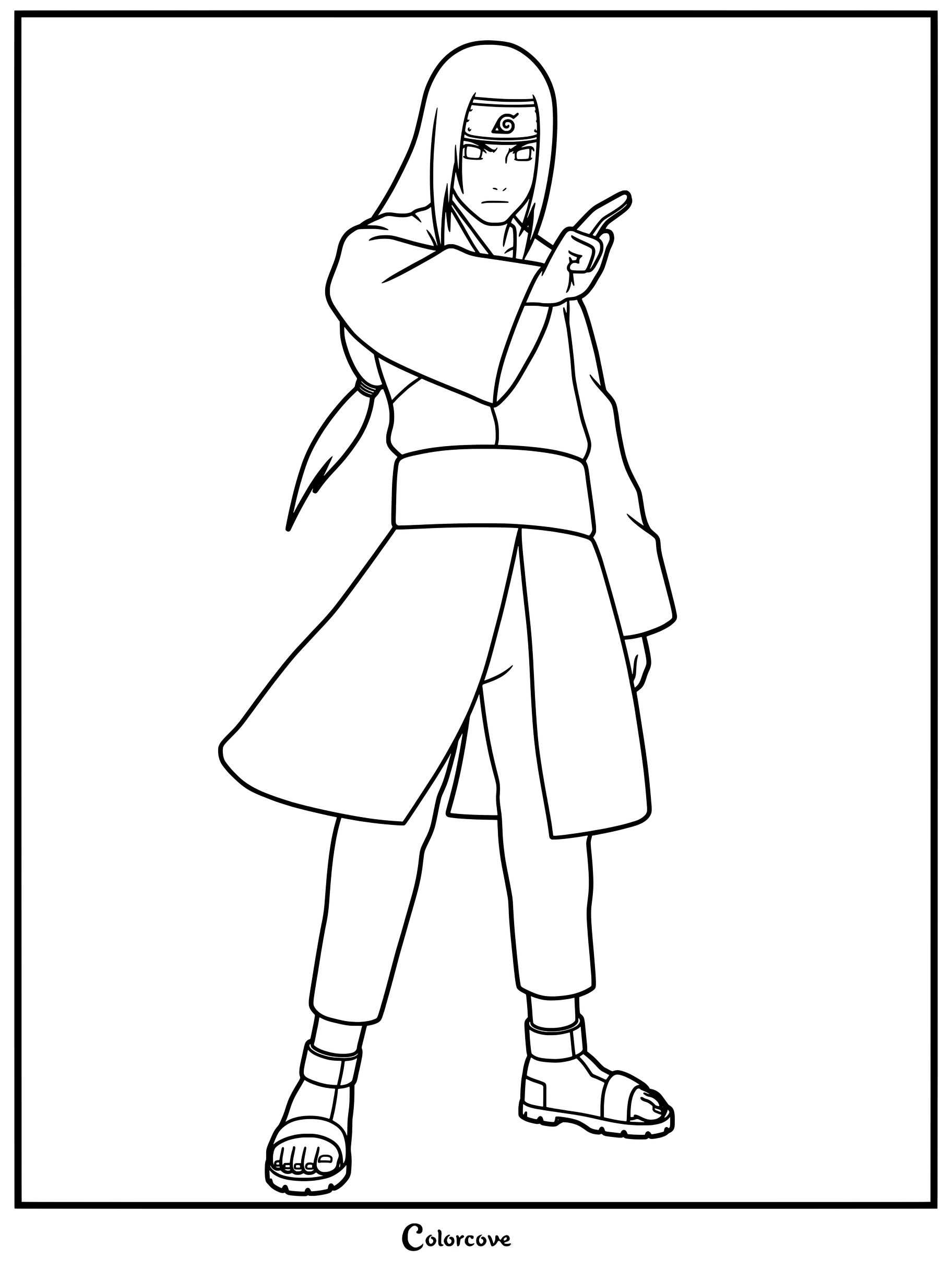 Coloriage de Neji Hyuga de Naruto dans sa tenue de shinobi blanche et son tablier vert olive