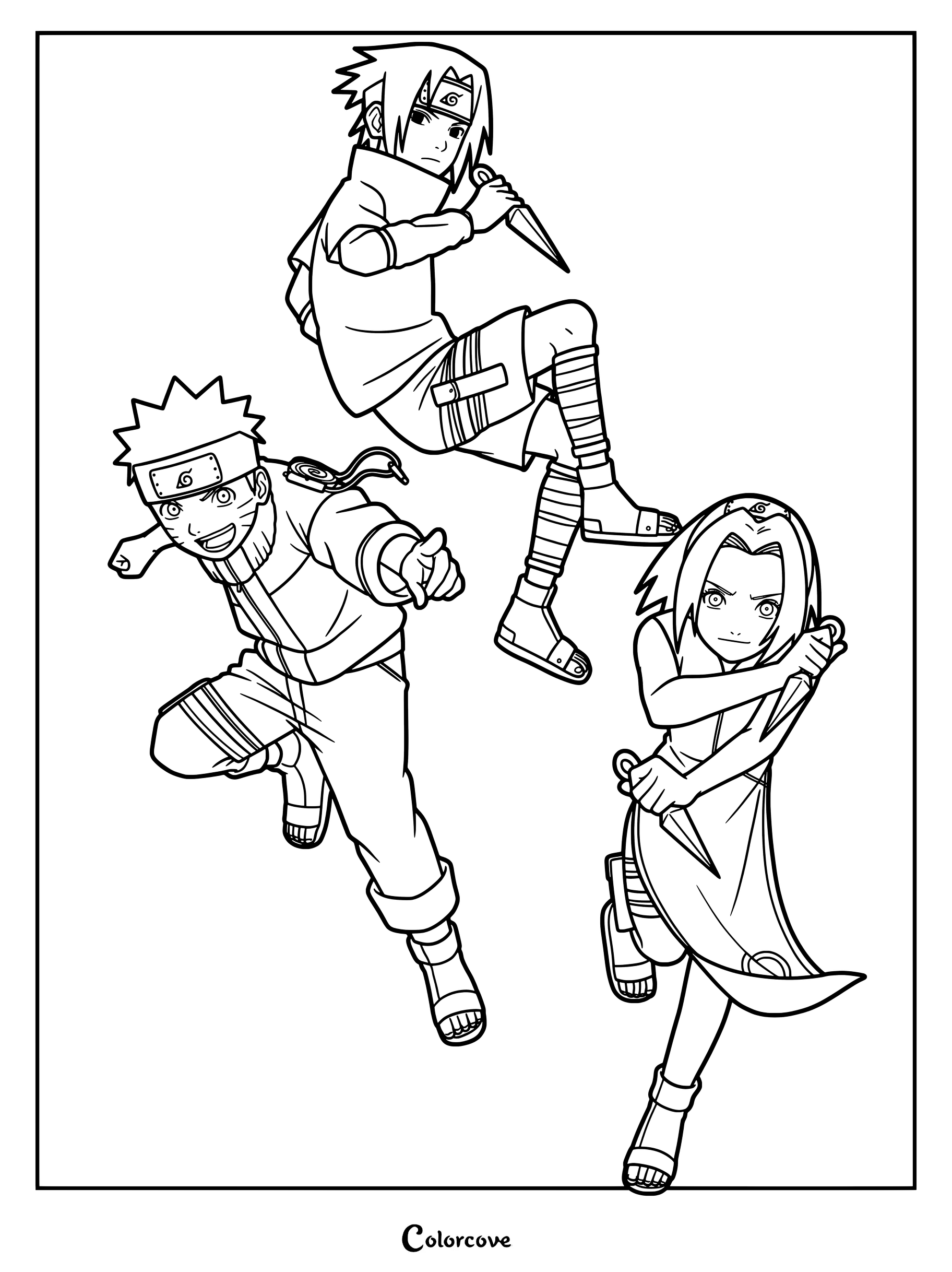 Page de coloriage d'une œuvre numérique présentant les personnages de la série Naruto, dont Sasuke Uchiwa, Naruto Uzumaki et Sakura Haruno dans une pose d'action dynamique