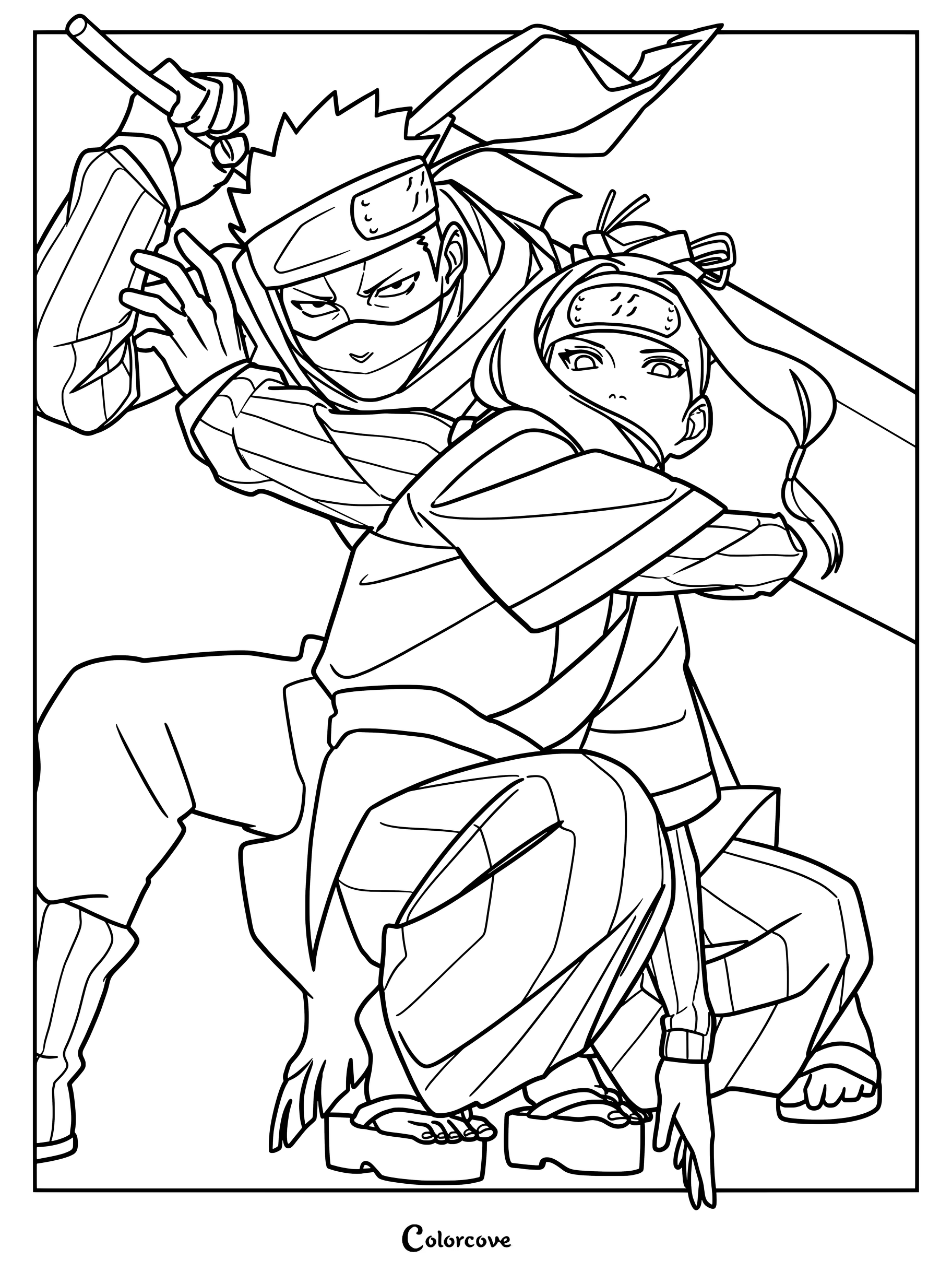 Coloriage en line art à imprimer d'une illustration fanart représentant les personnages Zabuza Momochi et Haku de la série Naruto