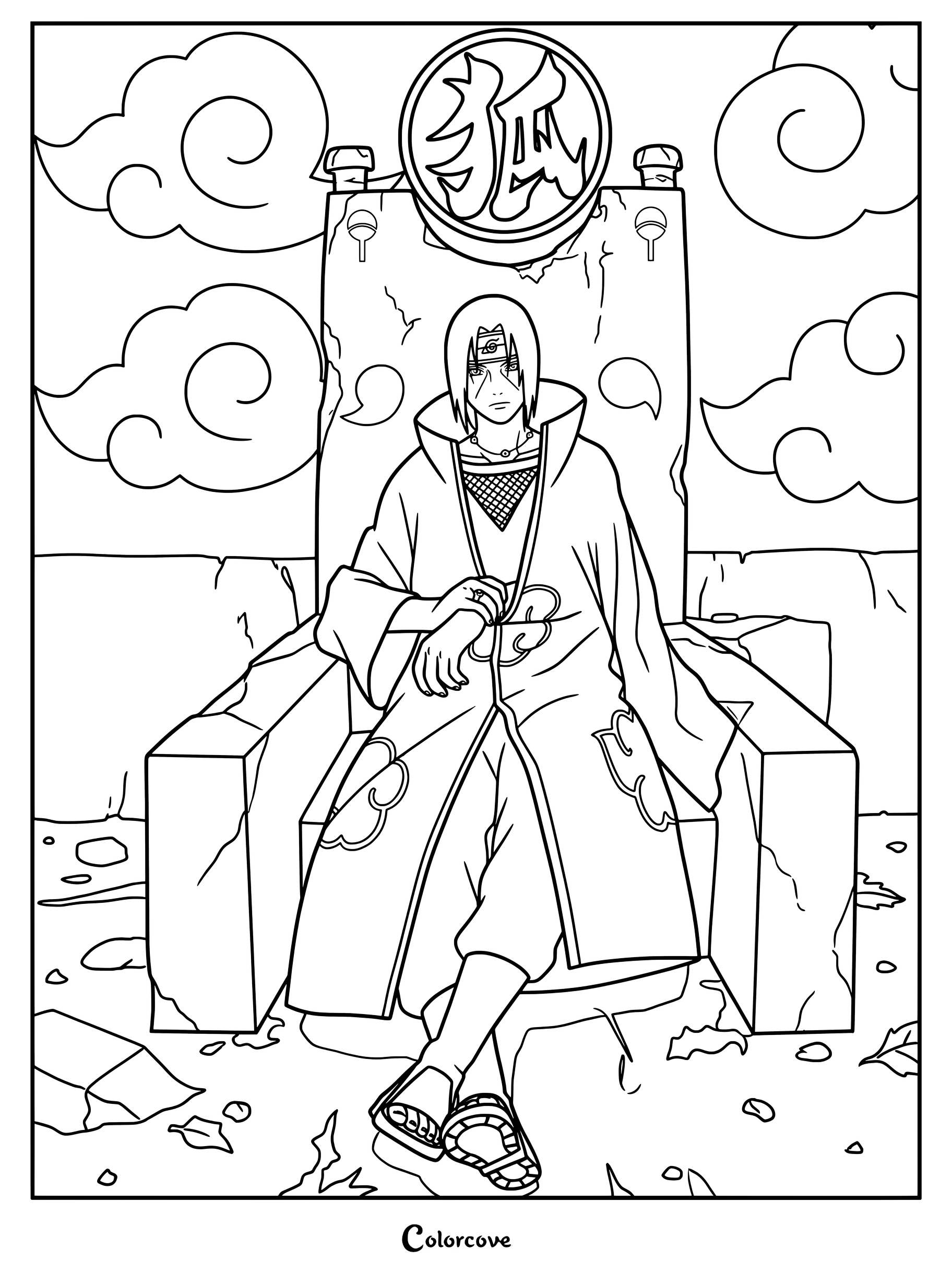 Coloriage d'Itachi Uchiwa assis sur le trône de pierre à l'intérieur du Repaire Uchiwa