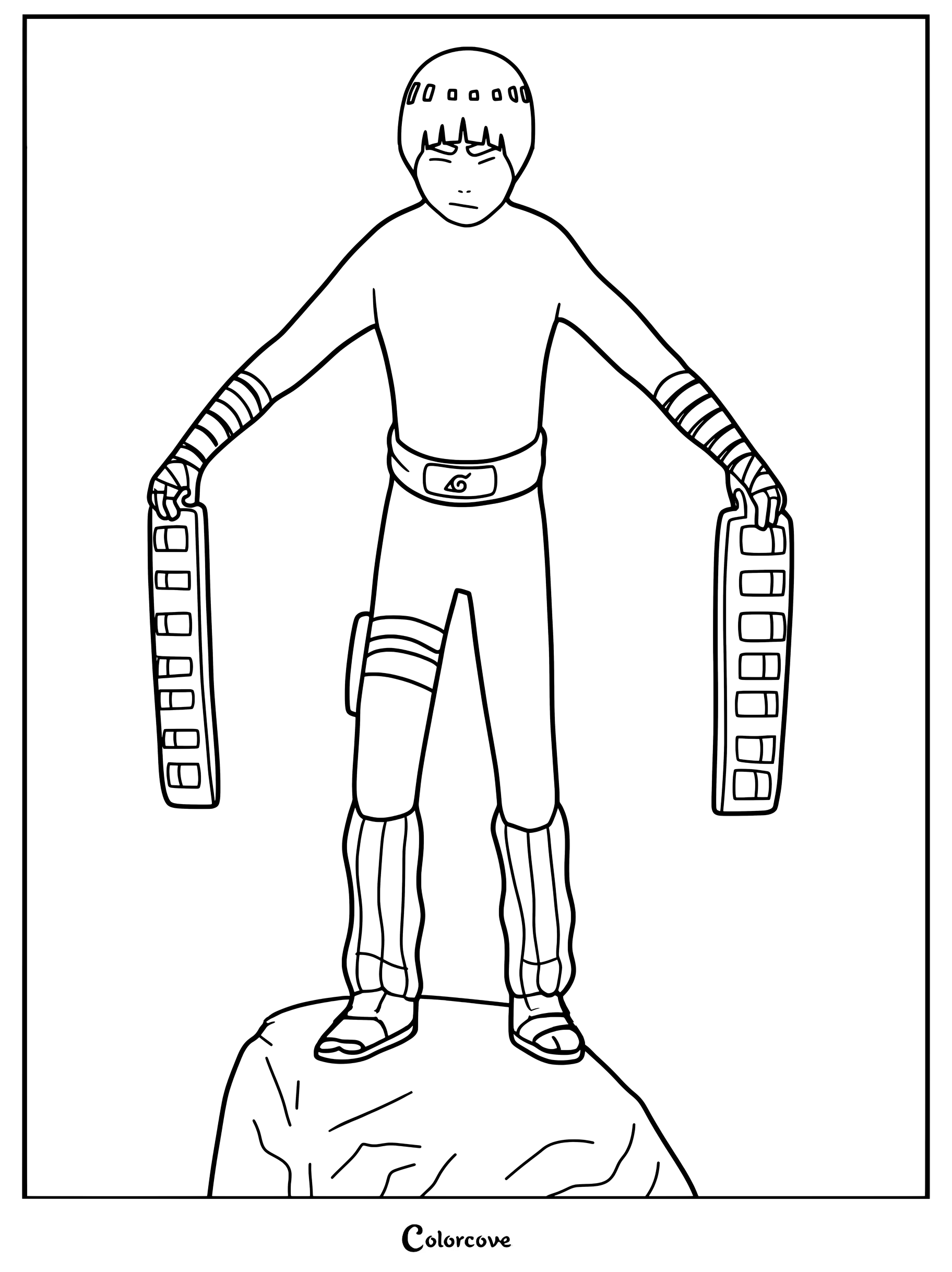 Coloriage de Rock Lee de Naruto retirant ses poids de chevilles extrêmement lourds pendant son combat contre Gaara