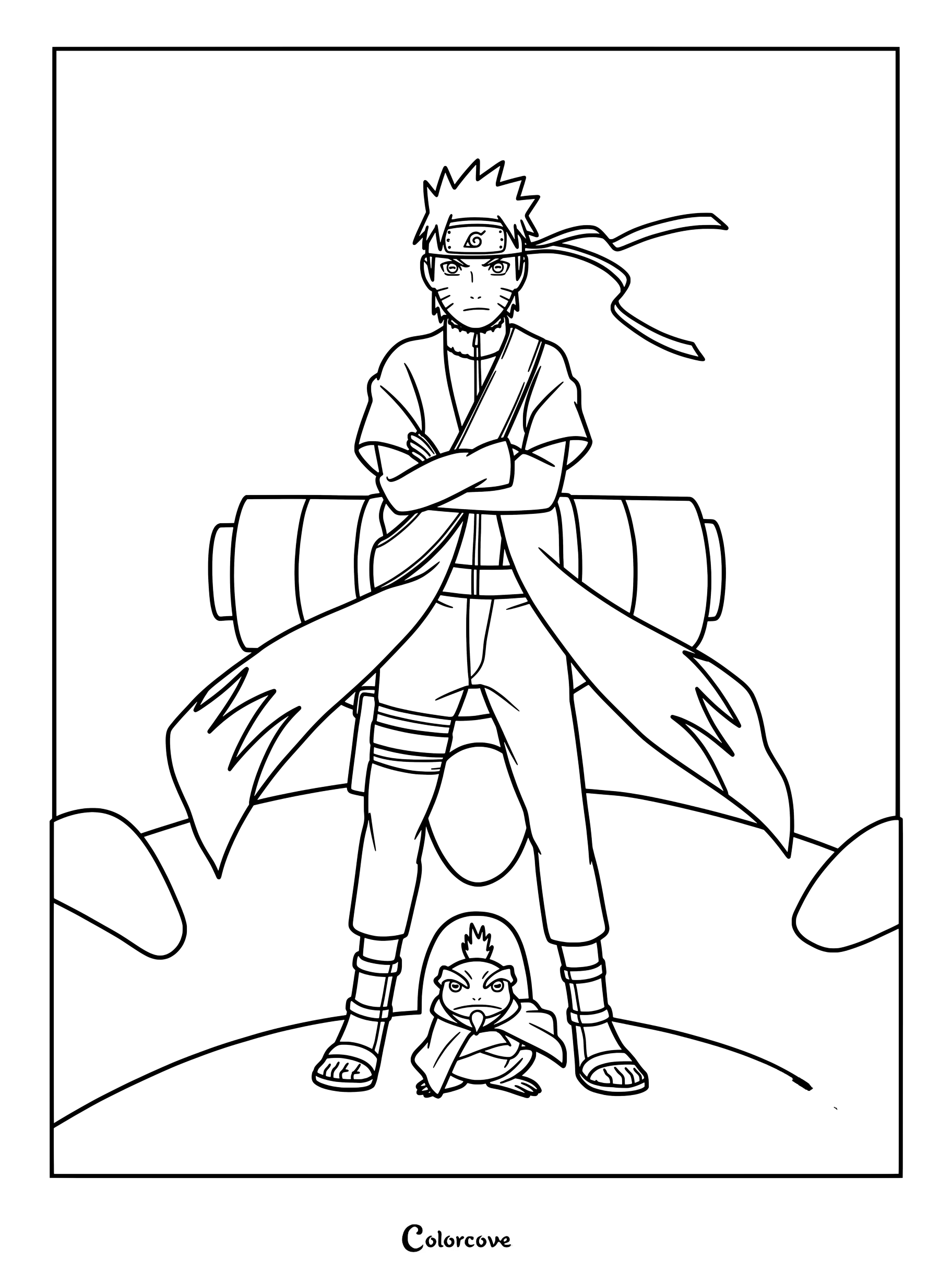 Coloriage de Naruto Uzumaki de Naruto Shippuden portant son manteau rouge et noir emblématique du Mode Ermite tout en invoquant les crapauds du Mont Myôboku
