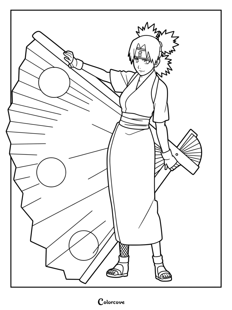 Coloriage de Temari de Naruto tenant son grand éventail emblématique
