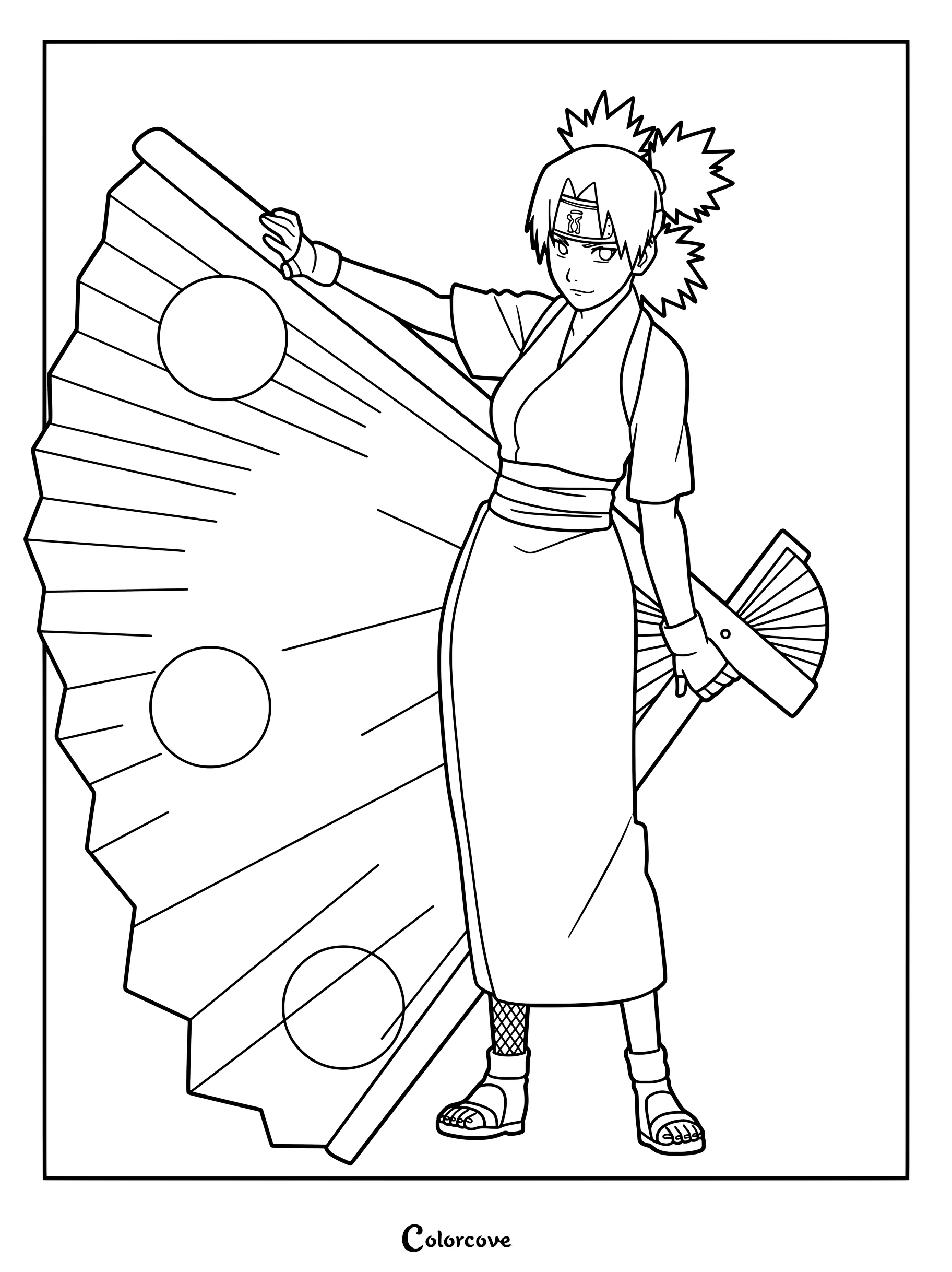 Coloriage de Temari de Naruto tenant son grand éventail emblématique