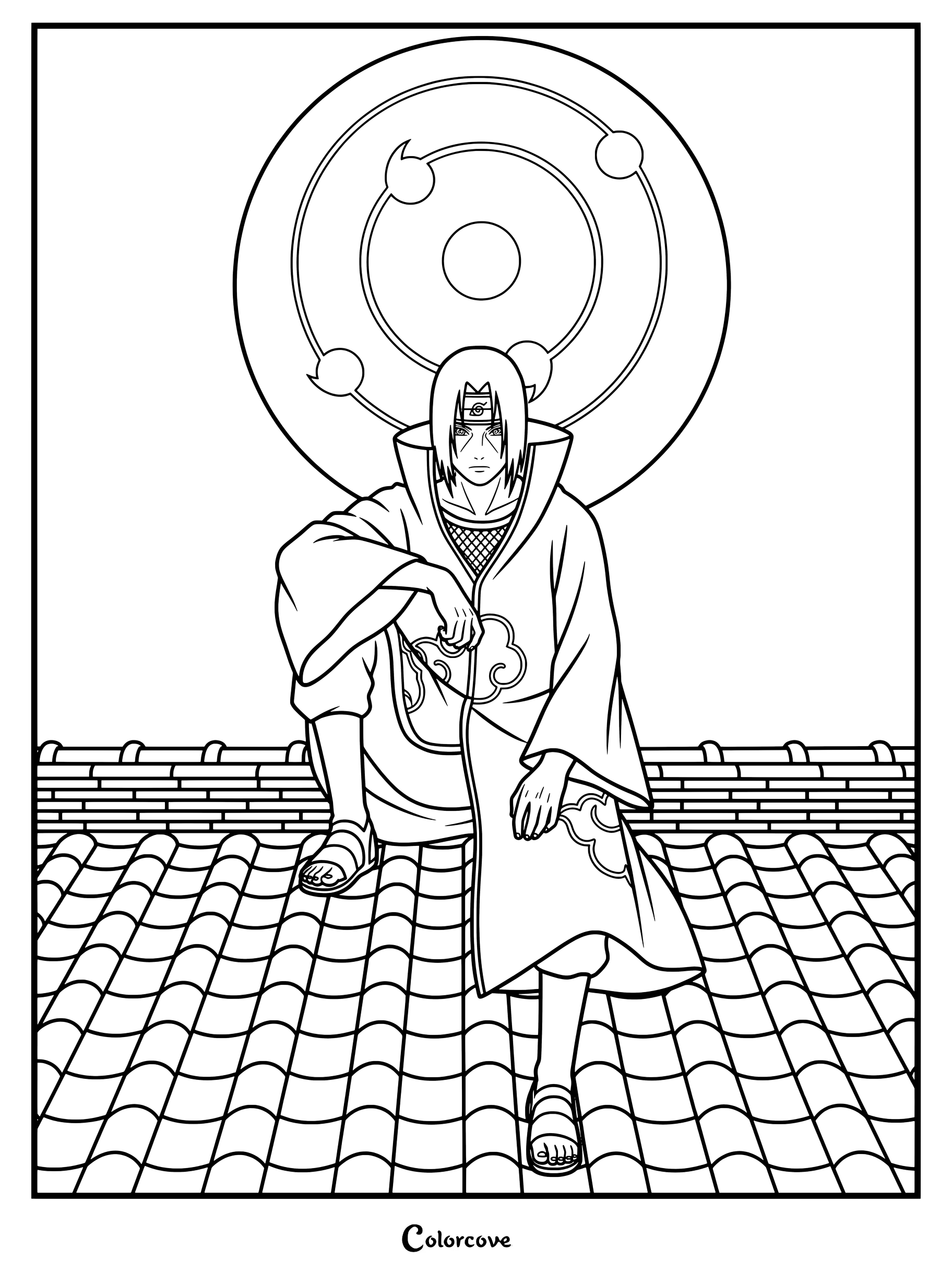 Coloriage d'Itachi Uchiwa de Naruto assis sur un toit avec son Mangekyō Sharingan activé