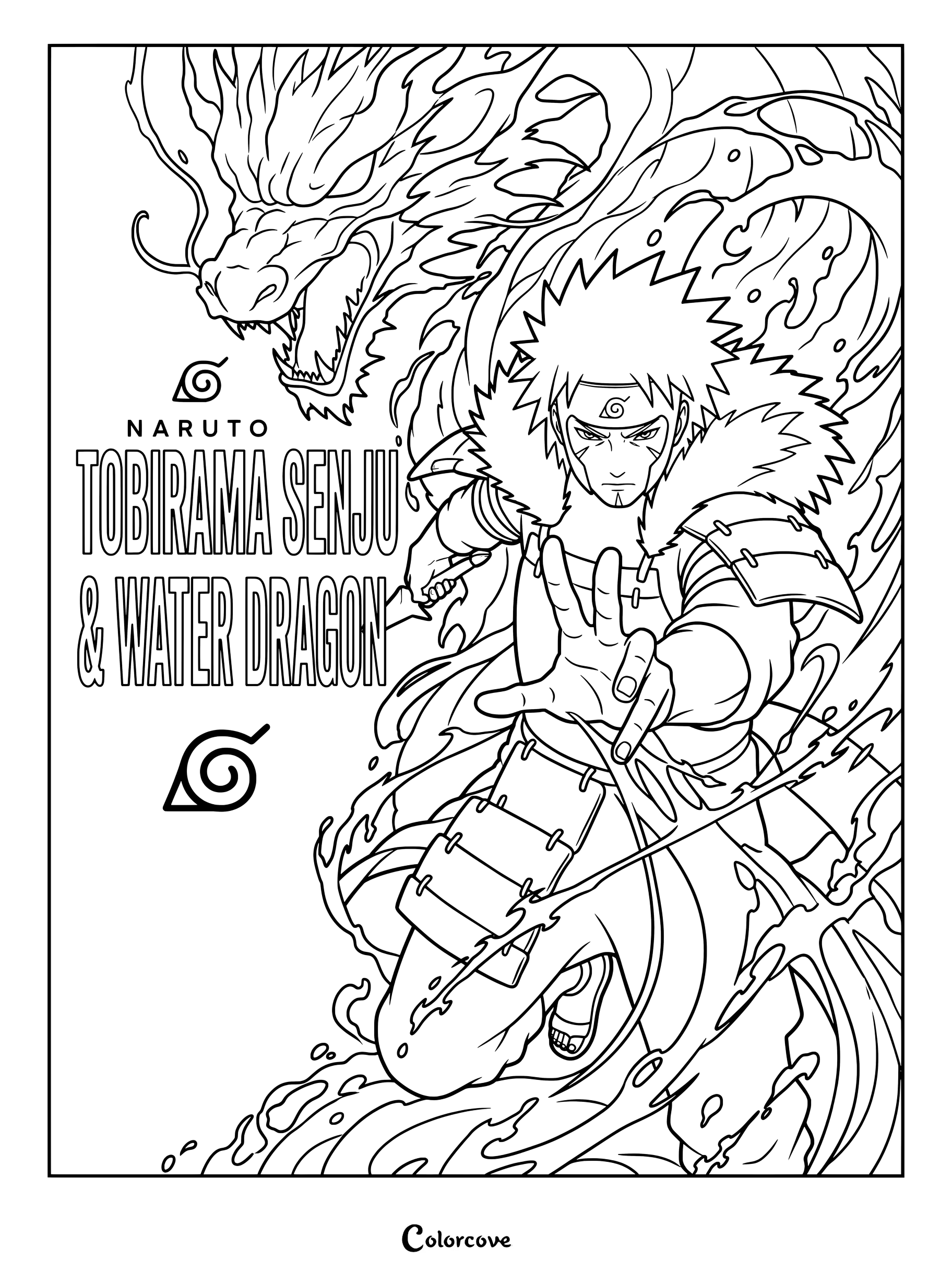 Coloriage de Tobirama Senju, le Deuxième Hokage de Naruto, maniant sa technique emblématique du Dragon d'Eau