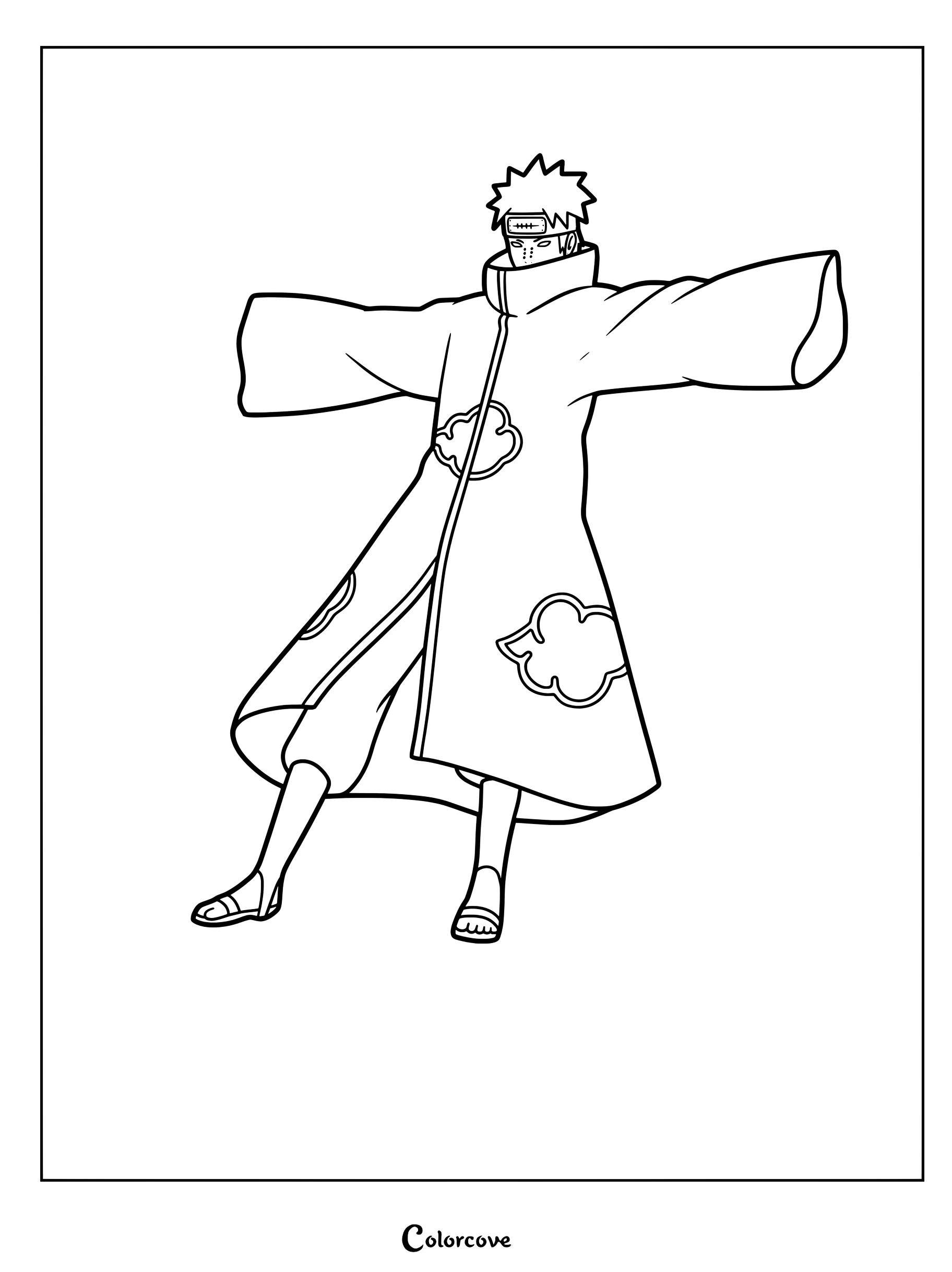 Coloriage de Pain dans sa pose de lévitation emblématique juste avant de déchaîner l'attaque Shinra Tensei sur le Village Caché de Konoha