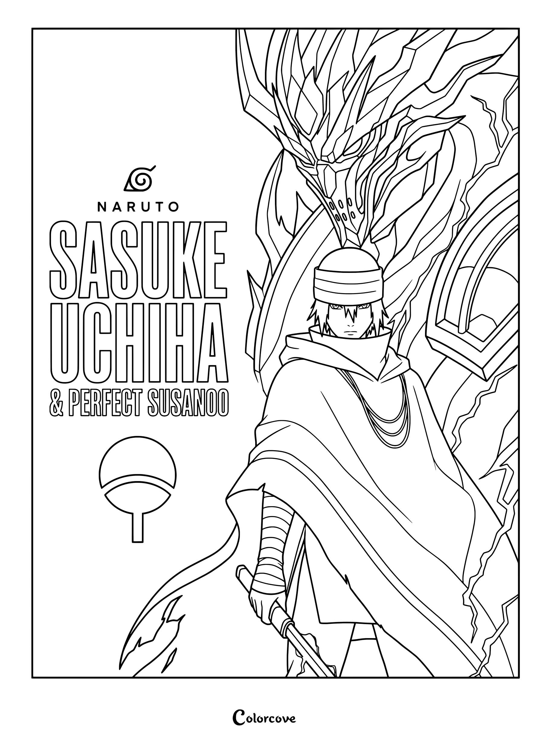 Coloriage de Sasuke Uchiwa de Naruto Shippuden sous sa forme d'Ombre Errante, accompagné de son Susanoo violet