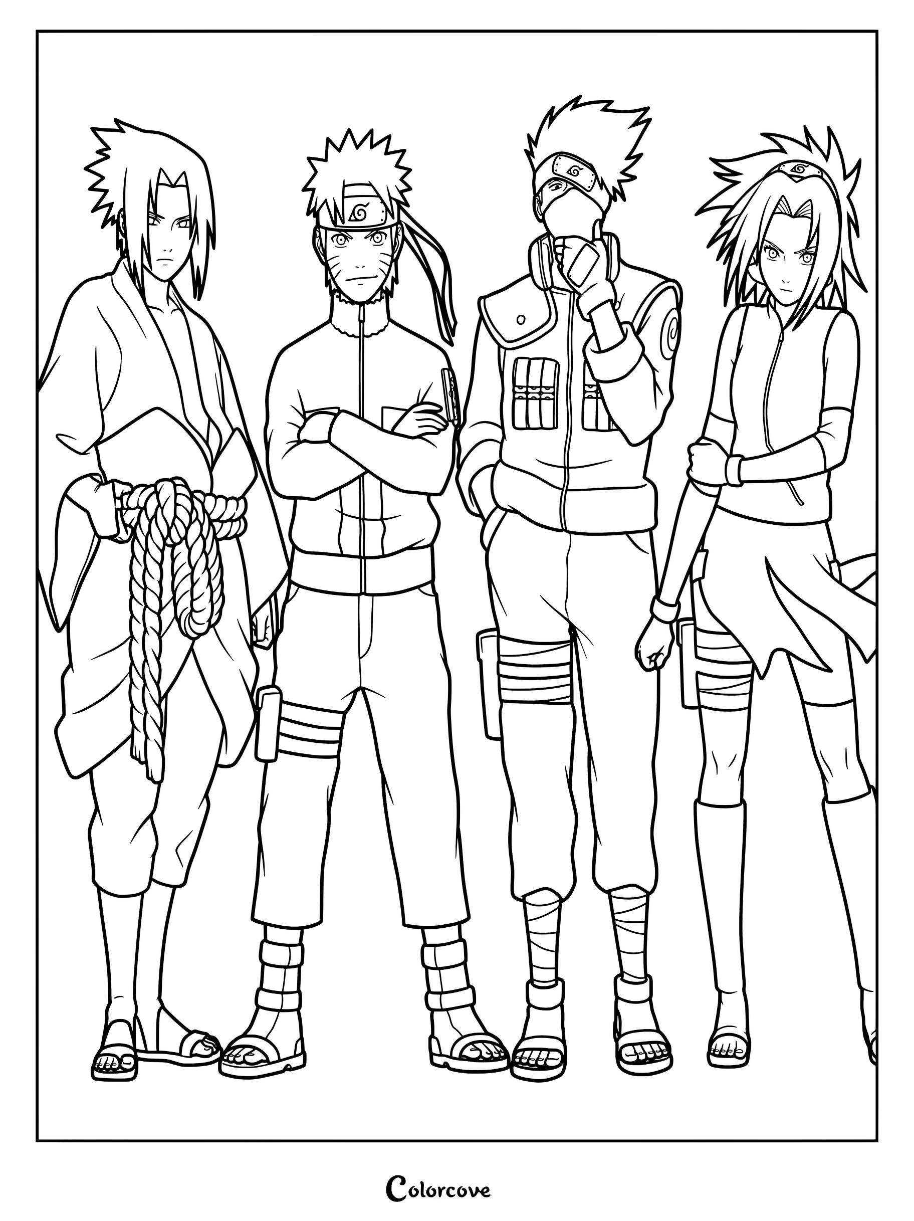 Page de coloriage à imprimer de Naruto Uzumaki, Sasuke Uchiwa, Sakura Haruno et Kakashi Hatake de l'Équipe 7
