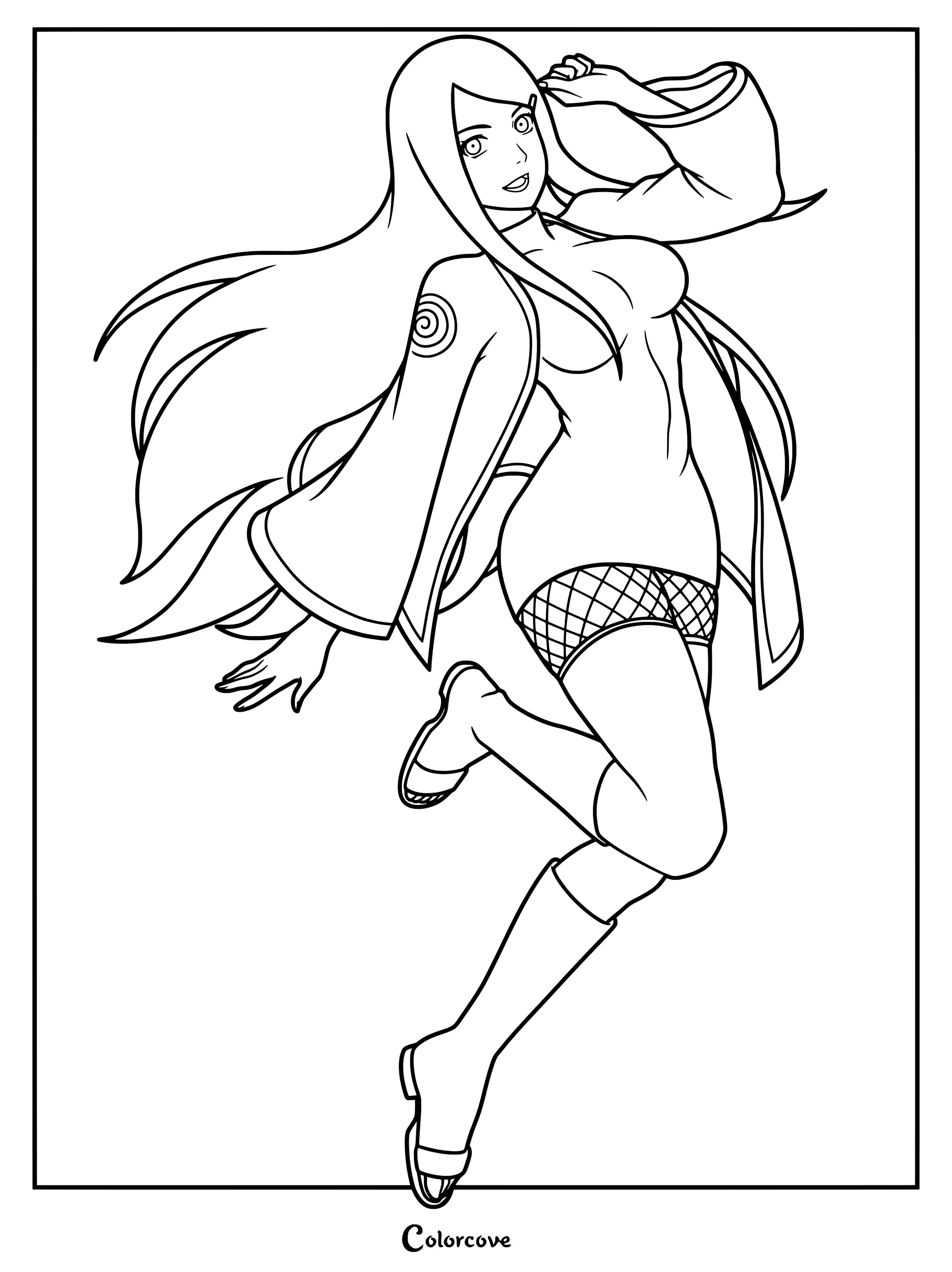 Coloriage de Kushina Uzumaki de Naruto vêtue d'un manteau blanc aux bordures rouges