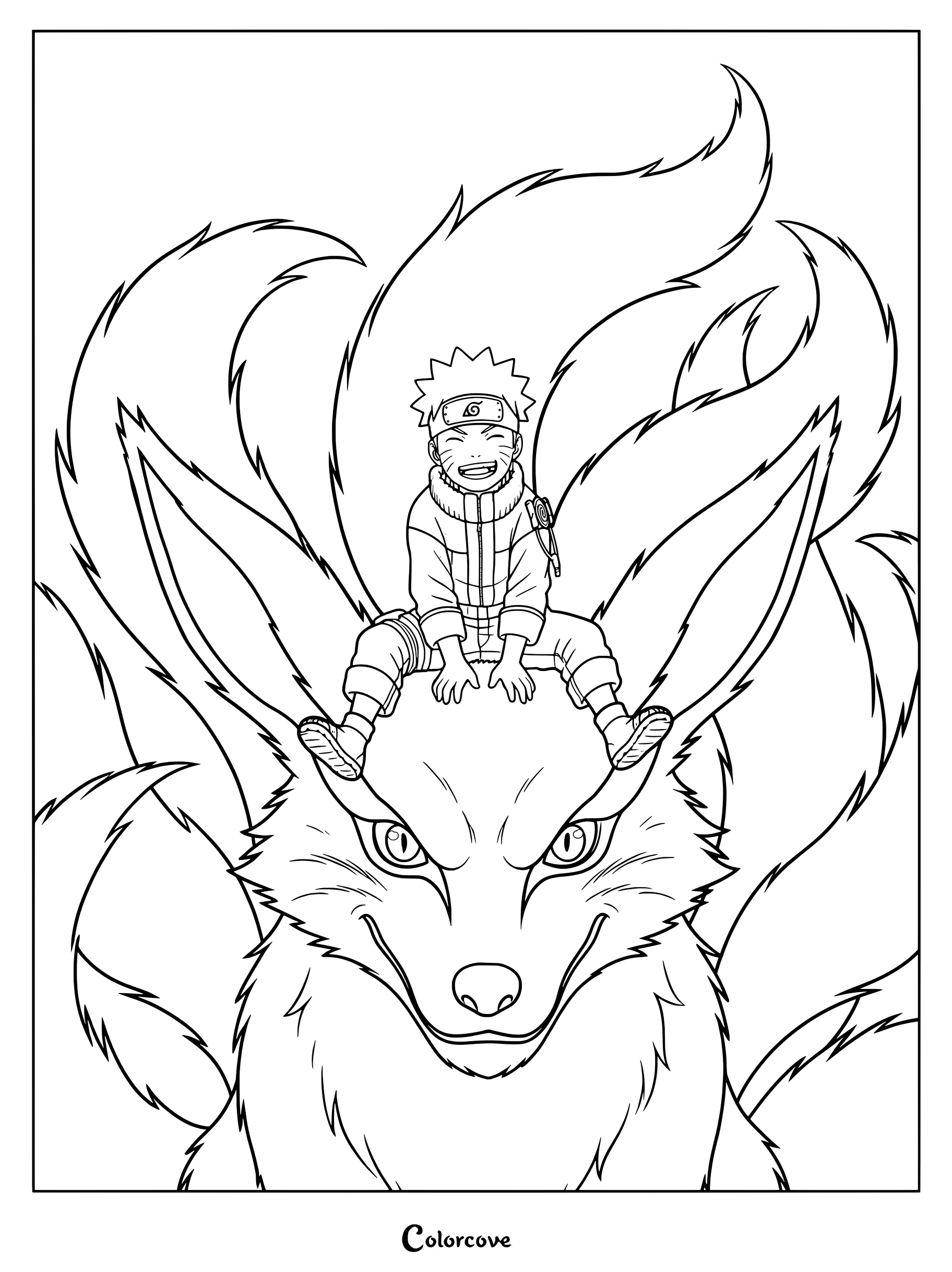 Coloriage à imprimer de Naruto Uzumaki assis au sommet de Kyûbi, le Démon à Neuf Queues