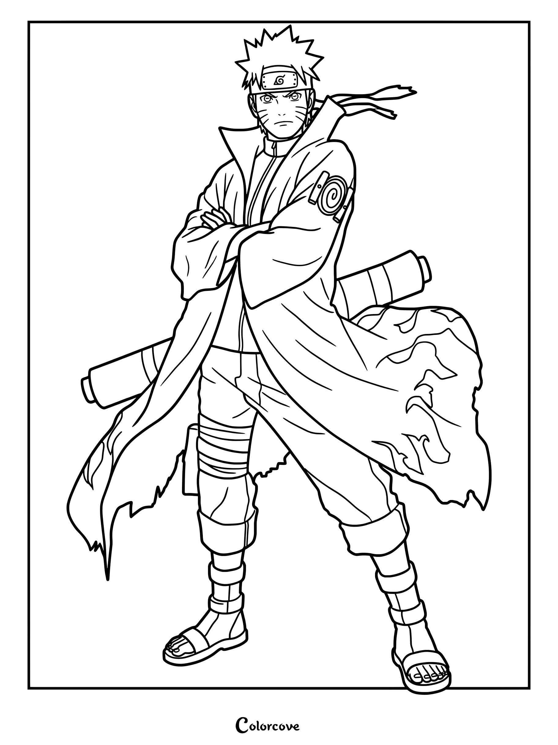 Coloriage de Naruto Uzumaki portant son manteau rouge emblématique du Mode Ermite et tenant un grand parchemin