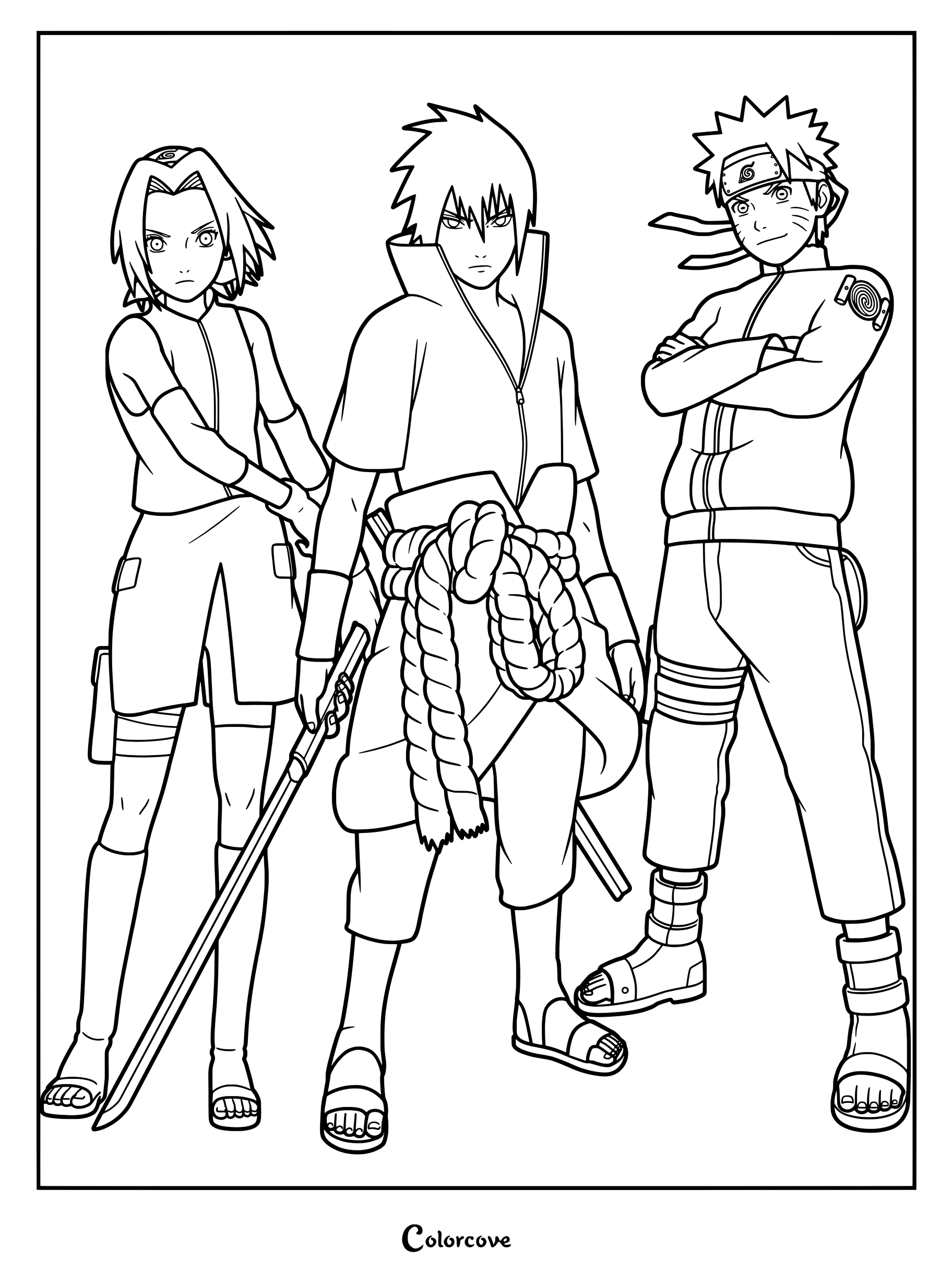 Page de coloriage de Sakura Haruno, Sasuke Uchiwa et Naruto Uzumaki issus de Naruto Shippuden