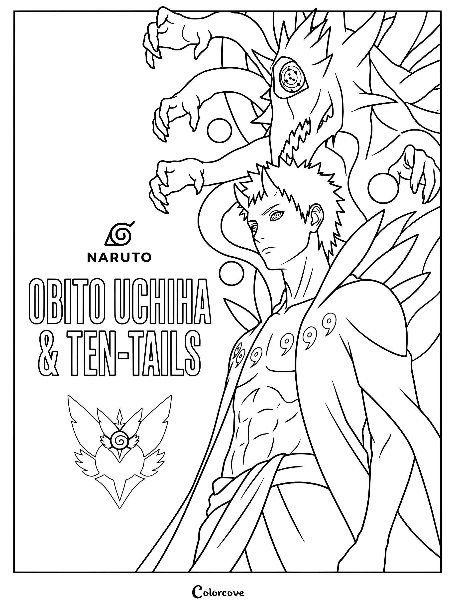 Coloriage de style dessin au trait d'Obito Uchiwa sous sa forme de Jinchūriki de Jūbi, également connu sous le nom de Juubito
