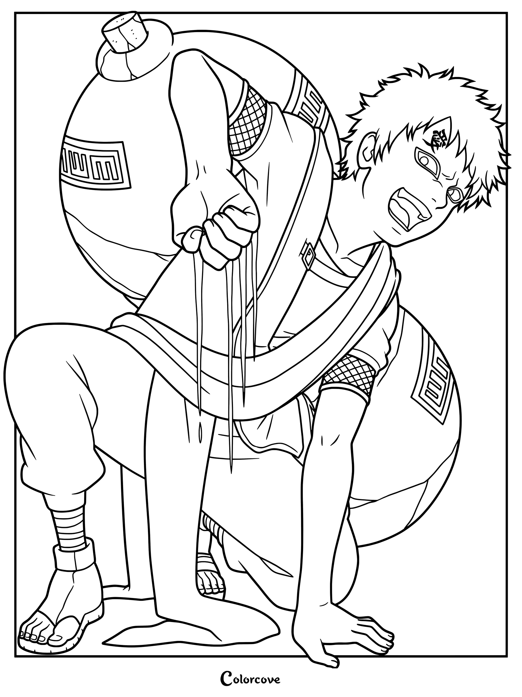 Coloriage de Gaara du Sable représentant le personnage accroupi et portant sa calebasse de sable géante