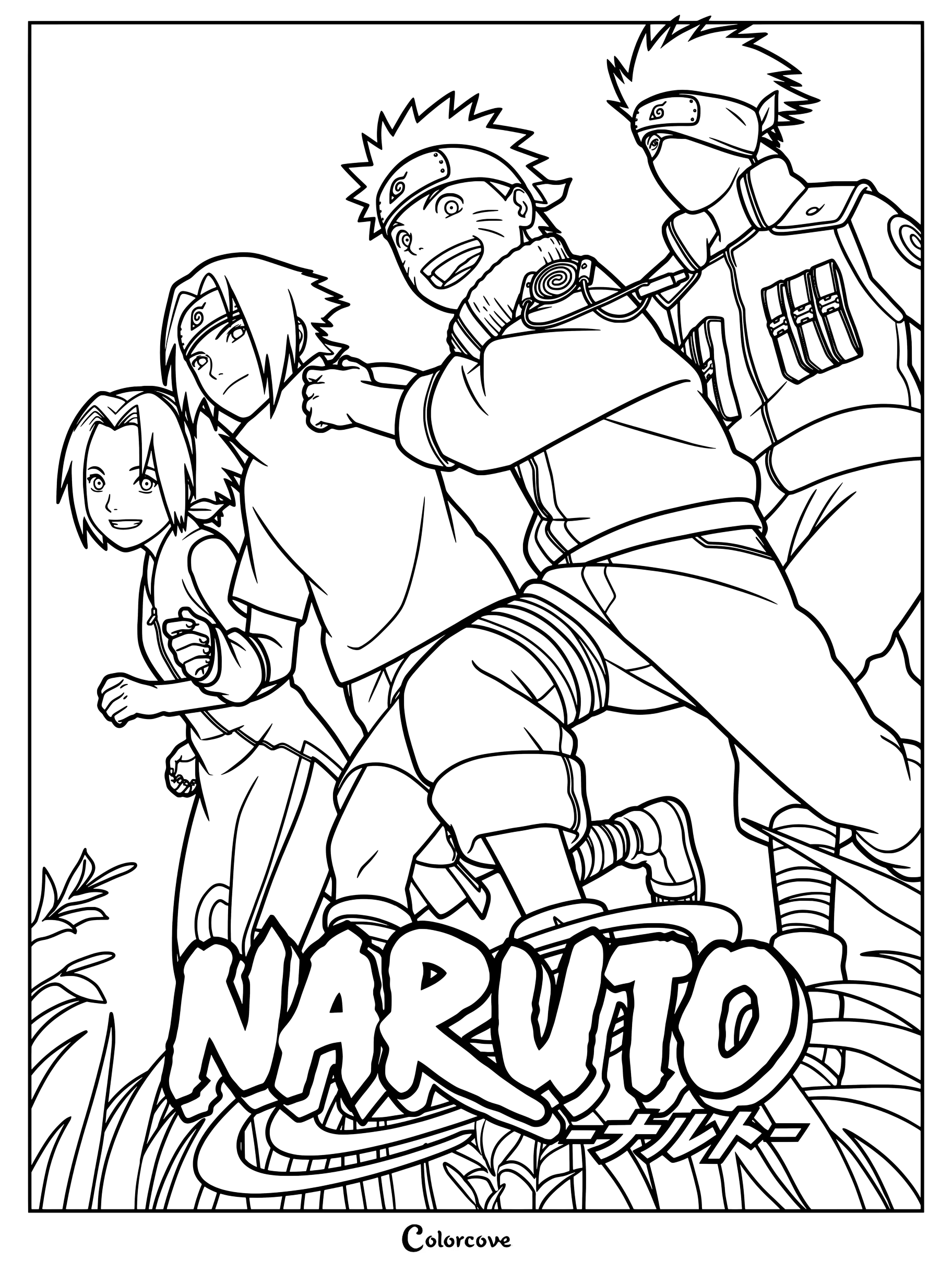 Page de coloriage de l'affiche visuelle clé présentant l'Équipe 7 s'élançant vers l'avant, issue de la série animée originale Naruto