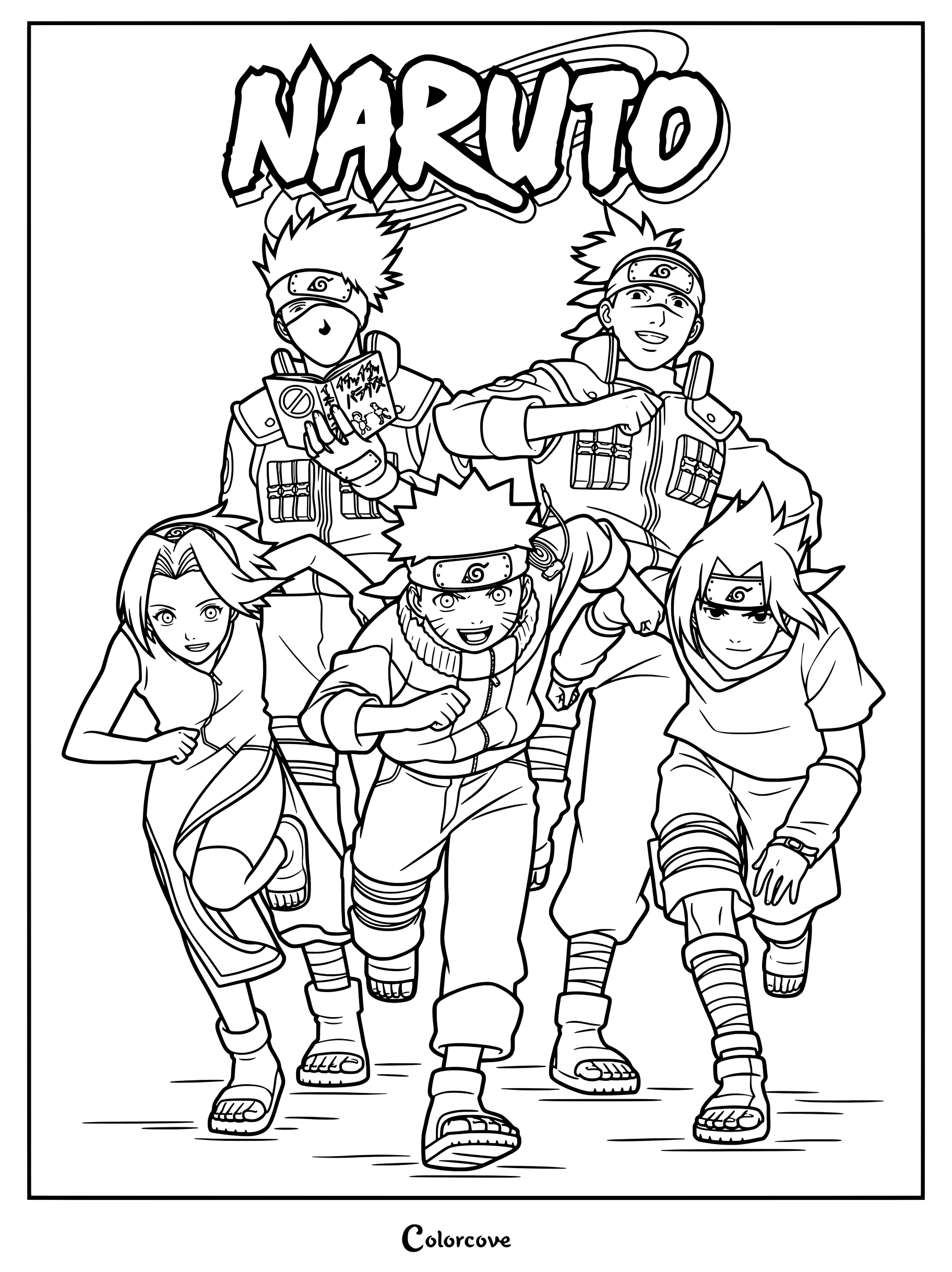 Page de coloriage d'une illustration promotionnelle pour la série animée originale Naruto, présentant les personnages principaux Naruto Uzumaki, Sasuke Uchiwa, Sakura Haruno et Kakashi Hatake