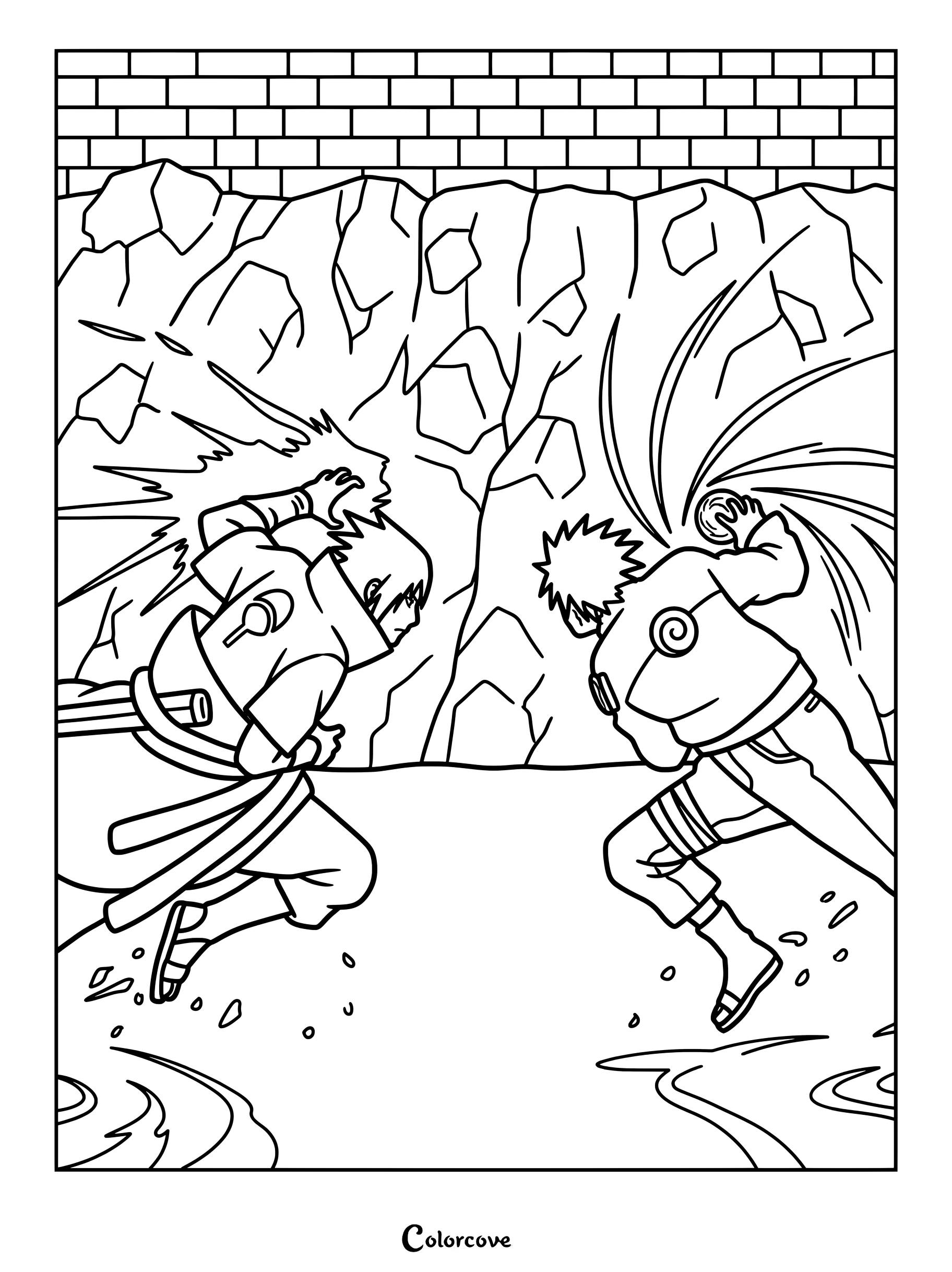 Page de coloriage de cette case de manga représentant un affrontement classique entre Naruto Uzumaki et Sasuke Uchiwa