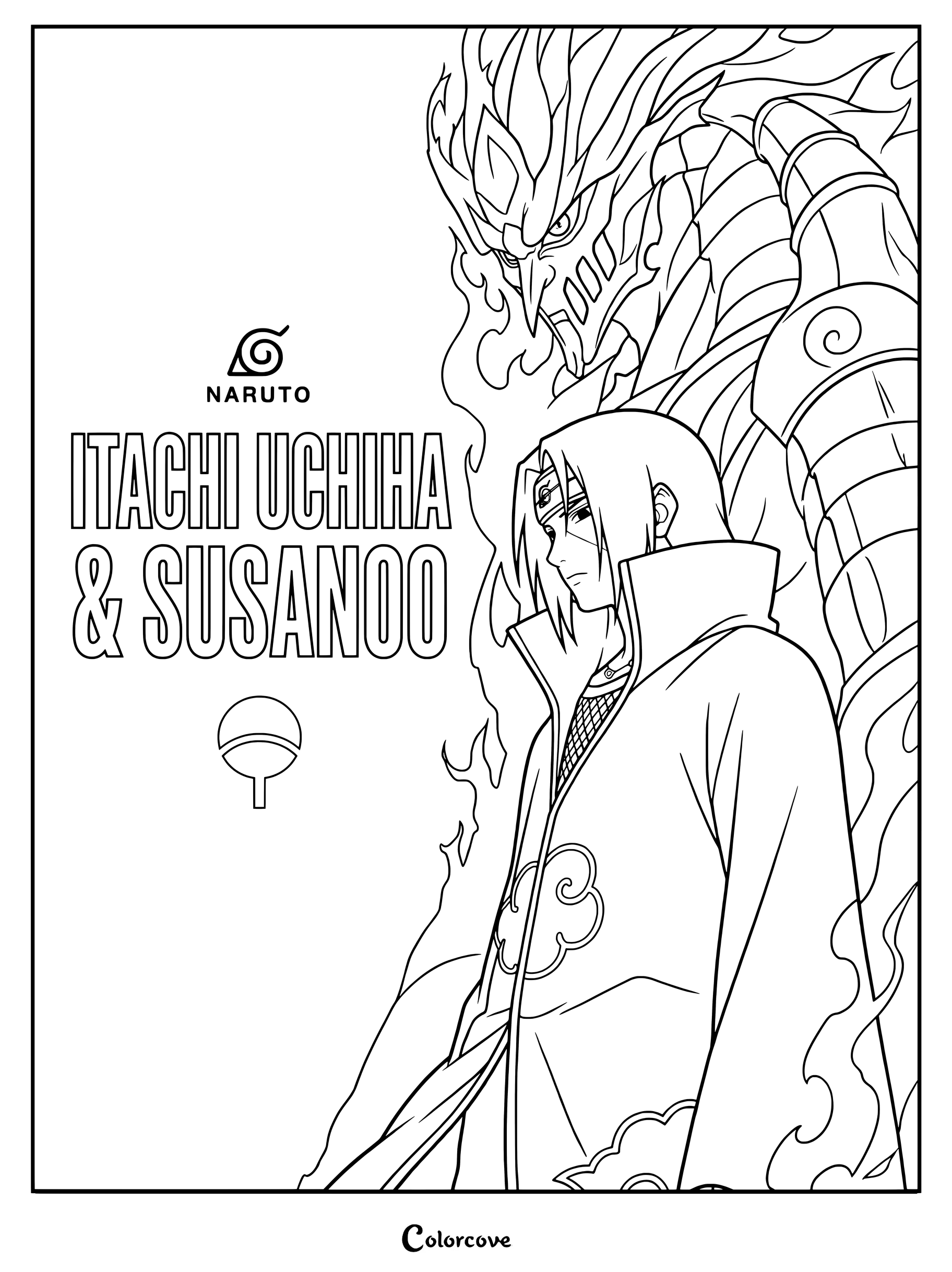 Coloriage de Naruto Shippuden au format vertical mettant en scène Itachi Uchiwa et son Susanoo rouge enflammé.