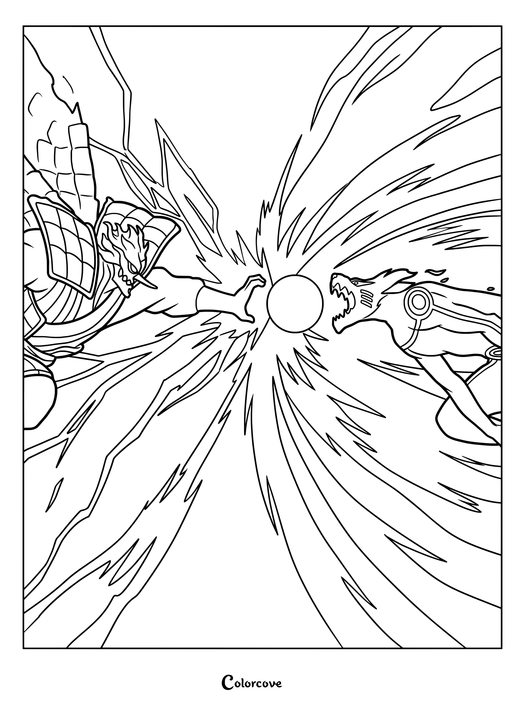 Coloriage à imprimer du combat final entre Naruto et Sasuke Uchiwa, montrant Kyûbi affrontant un Susanoo