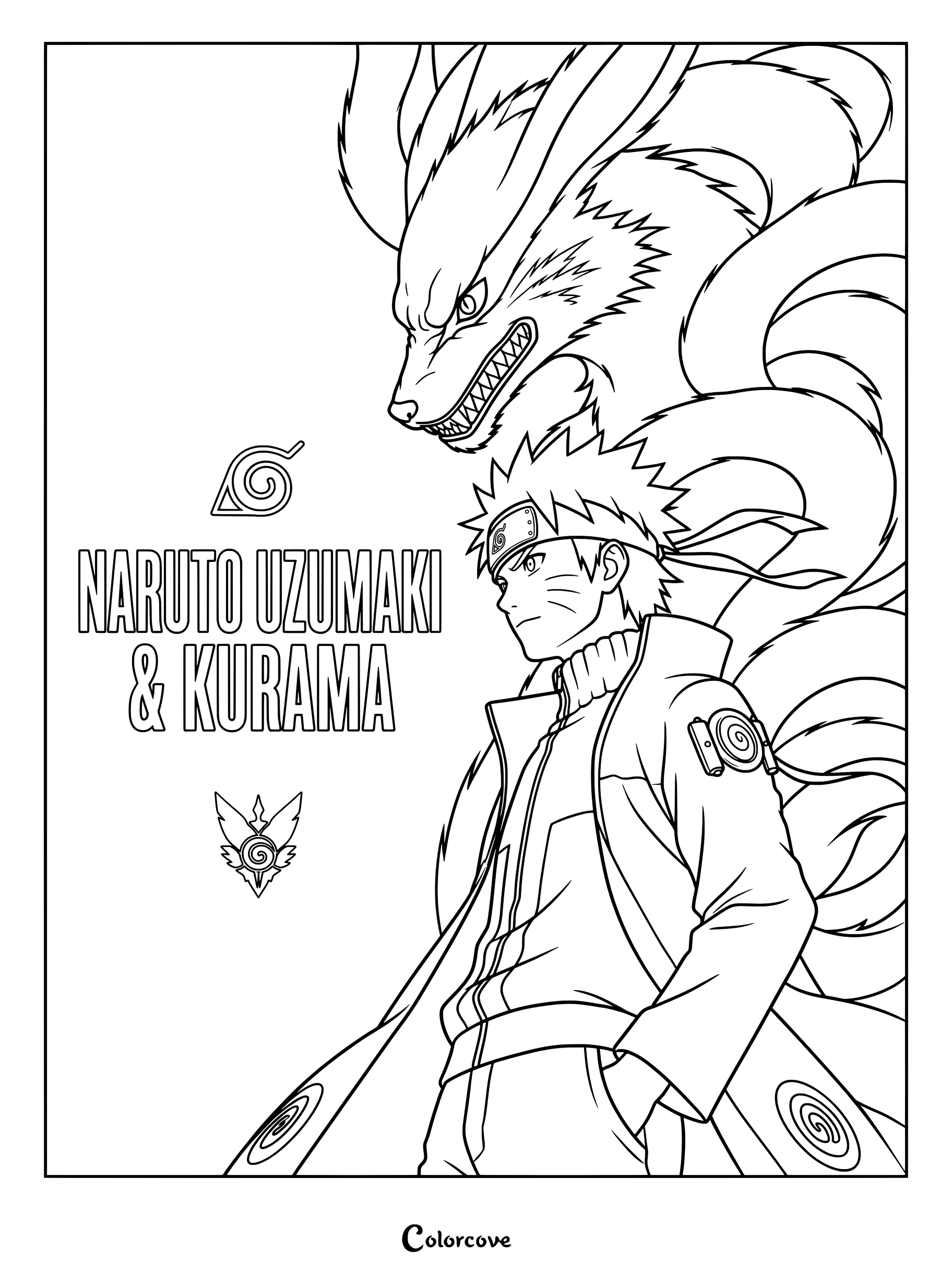 Page de coloriage à imprimer de Naruto Uzumaki et son partenaire le Démon à Neuf Queues, Kyûbi, issus de la série Naruto Shippuden