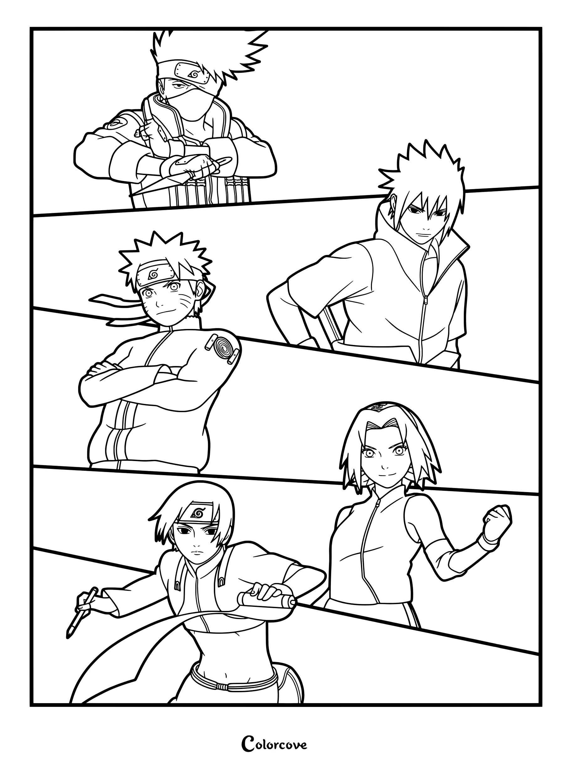 Page de coloriage Naruto présentant Kakashi Hatake, Sasuke Uchiwa, Naruto Uzumaki, Sakura Haruno et Sai répartis en cases