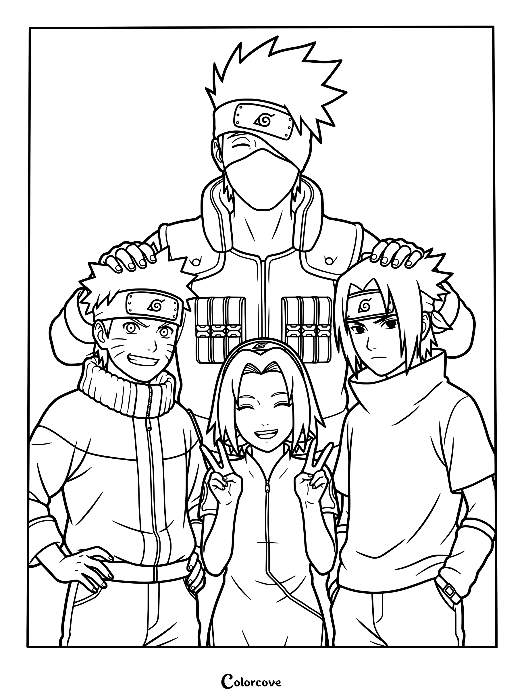 Page de coloriage d'une illustration de l'Équipe 7 présentant Kakashi Hatake aux côtés de ses élèves Naruto Uzumaki, Sakura Haruno et Sasuke Uchiwa