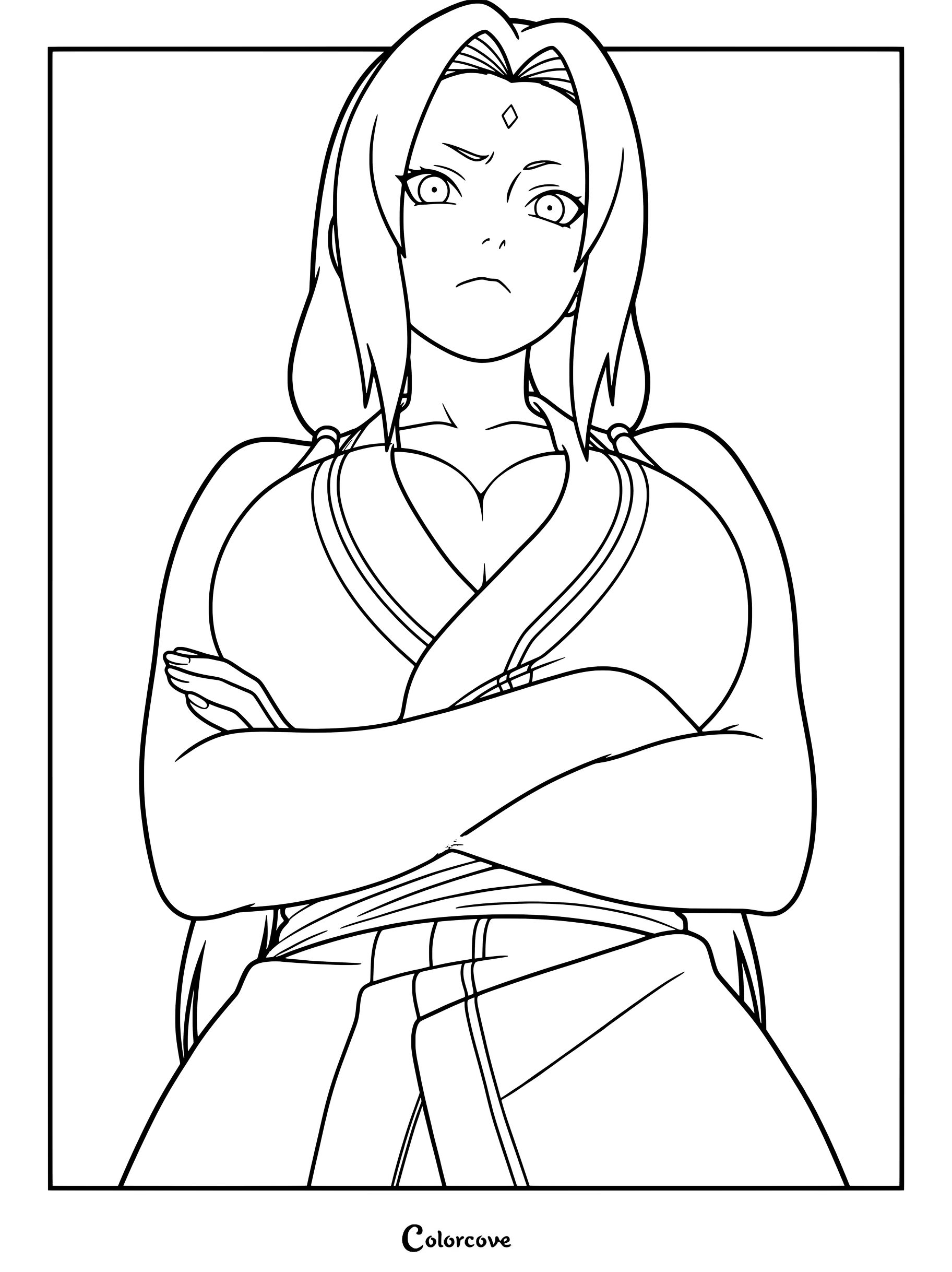Coloriage de Tsunade montrant le personnage les bras croisés et une expression sérieuse