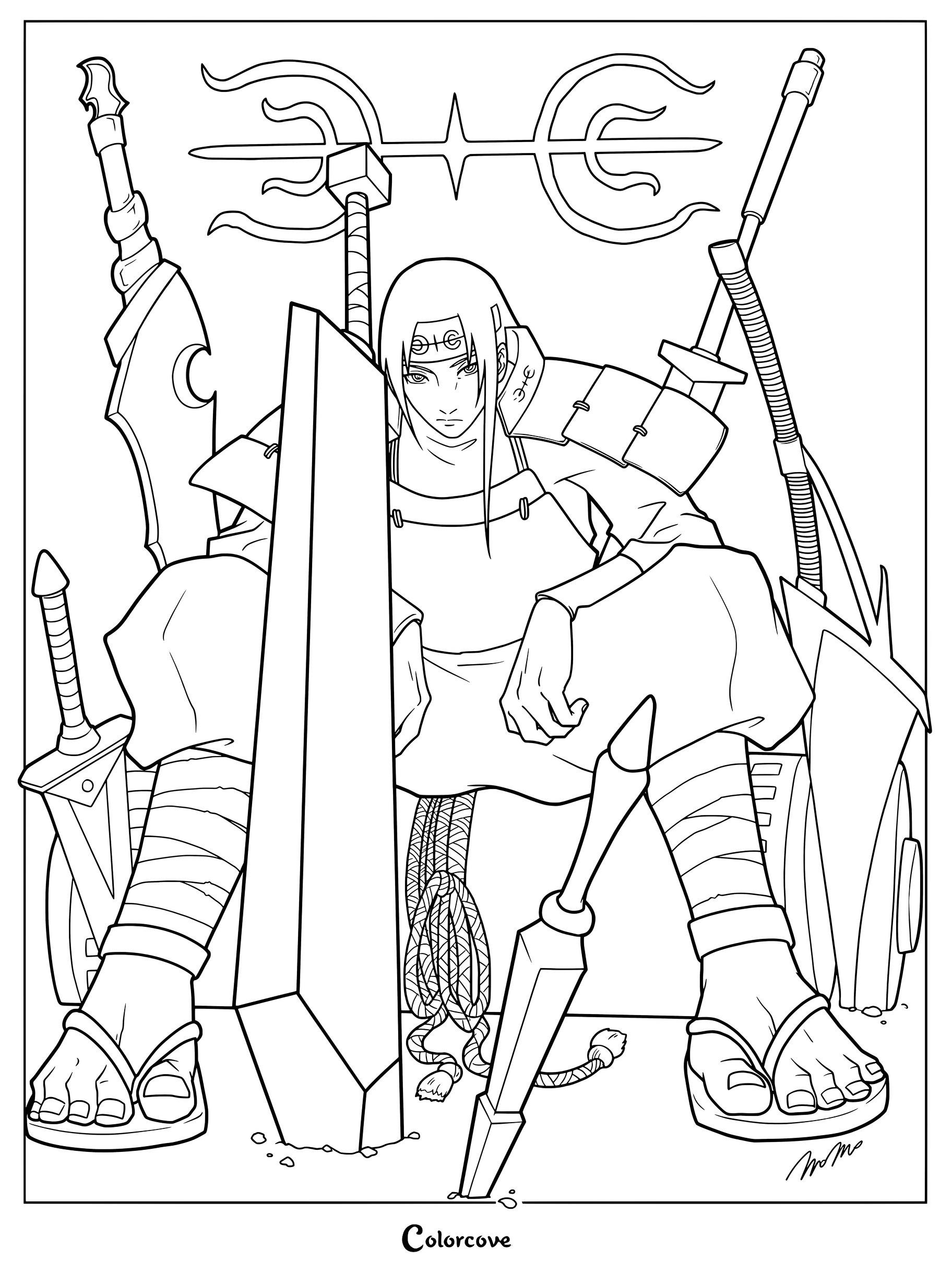 Coloriage de Hashirama Senju assis entouré d'armes