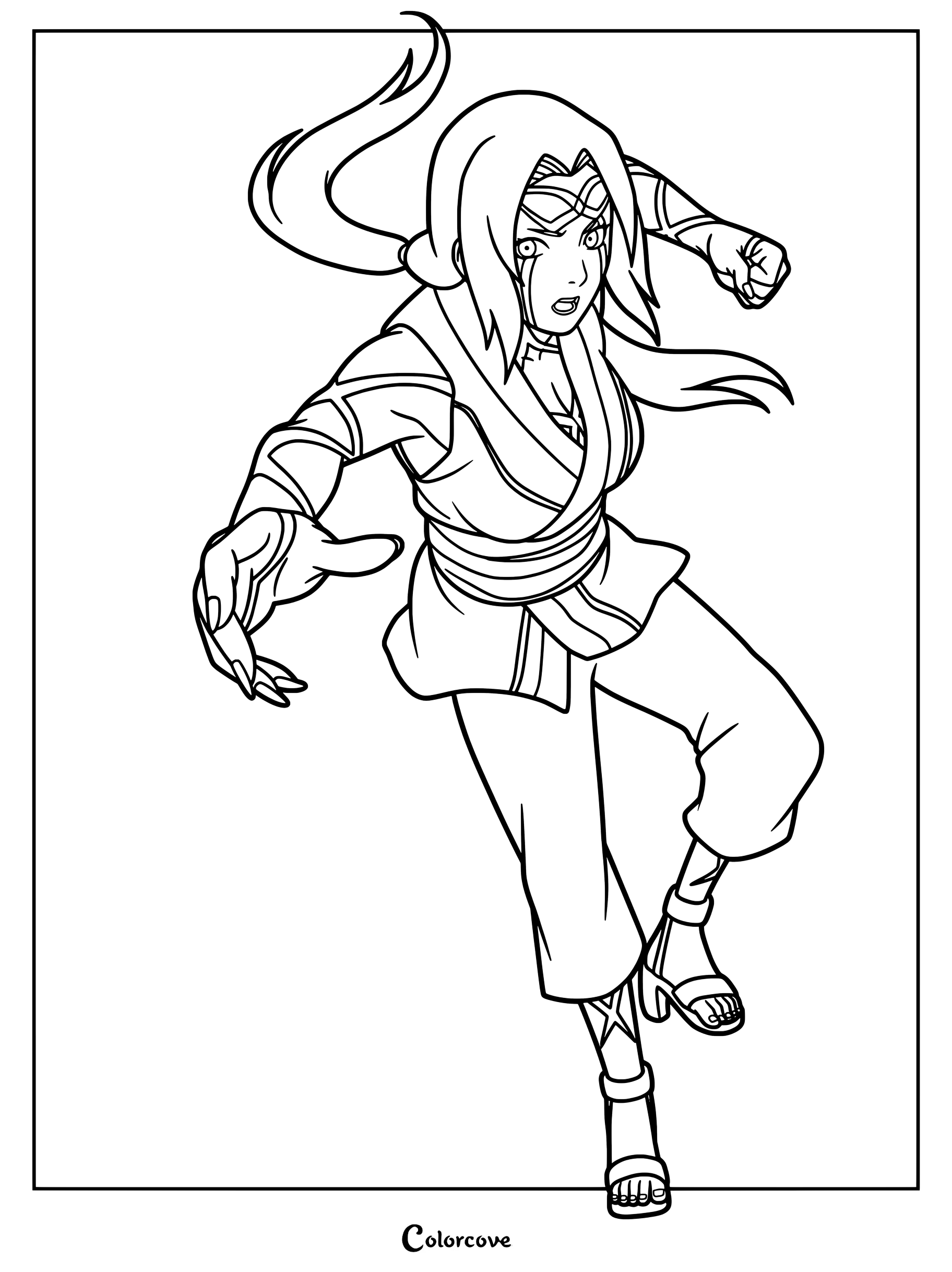 Coloriage détaillé de Tsunade de Naruto dans une posture de combat dynamique avec les cheveux au vent