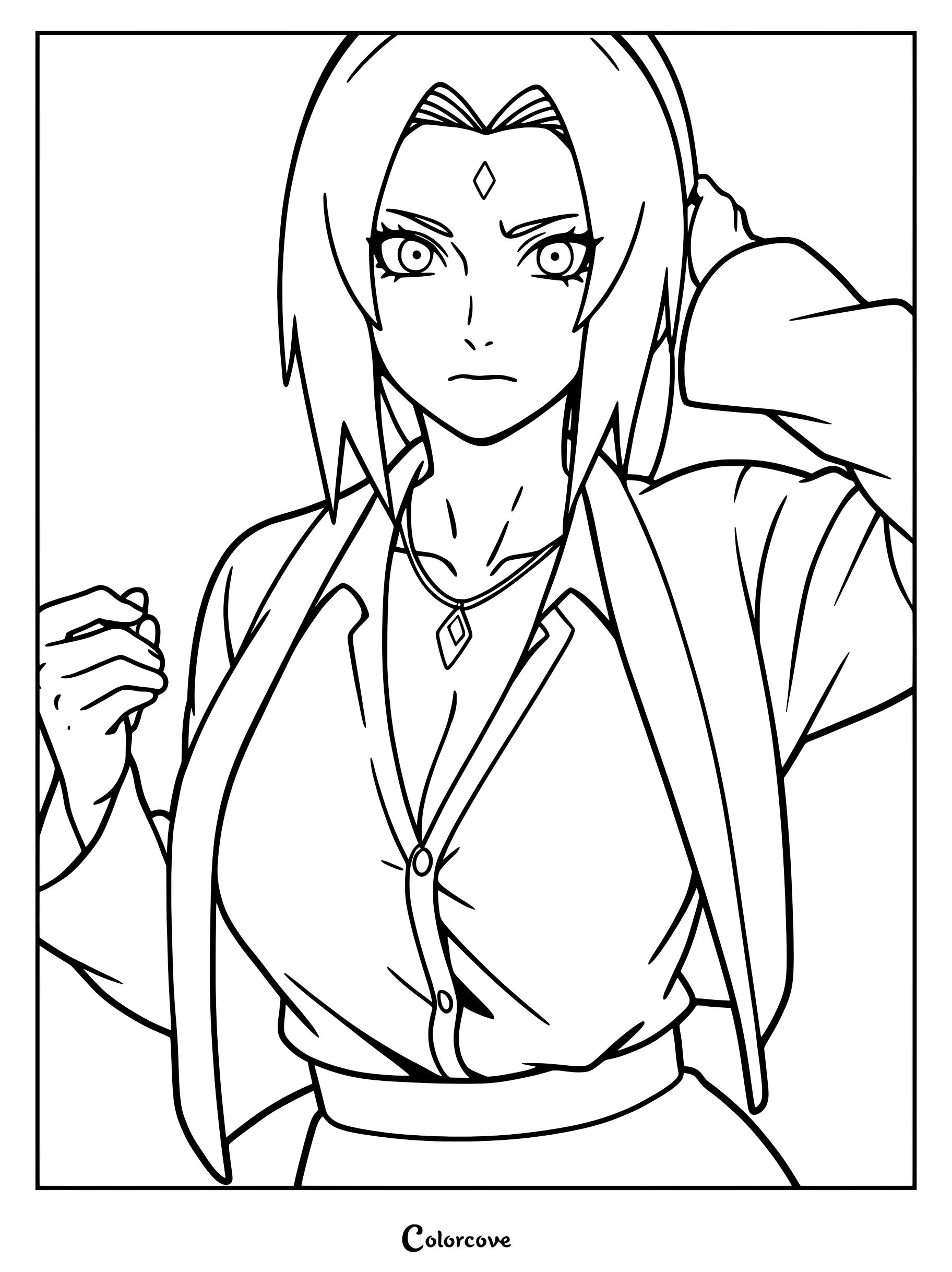 Coloriage à imprimer de Tsunade dans Naruto, montrant le personnage avec son sceau frontal en losange et son collier.