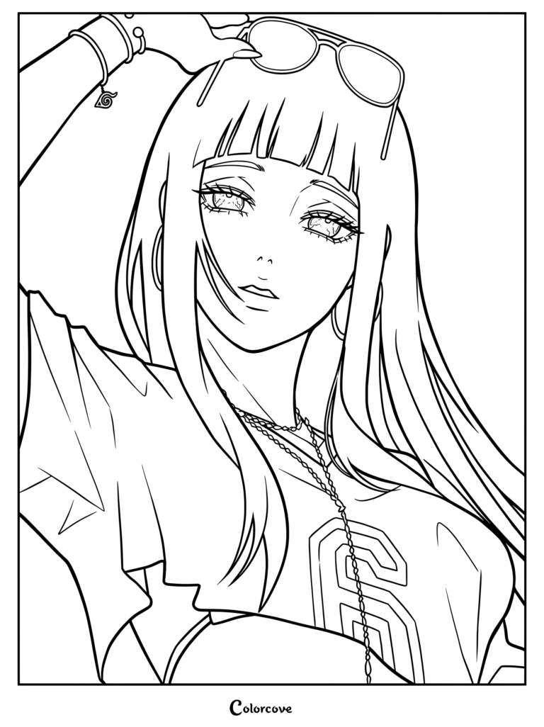 Coloriage en line art de Hinata Hyuga portant des vêtements modernes et tenant des lunettes de soleil sur ses longs cheveux