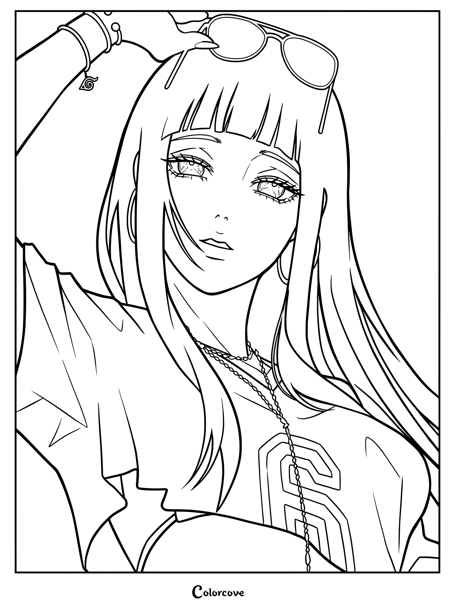 Coloriage en line art de Hinata Hyuga portant des vêtements modernes et tenant des lunettes de soleil sur ses longs cheveux