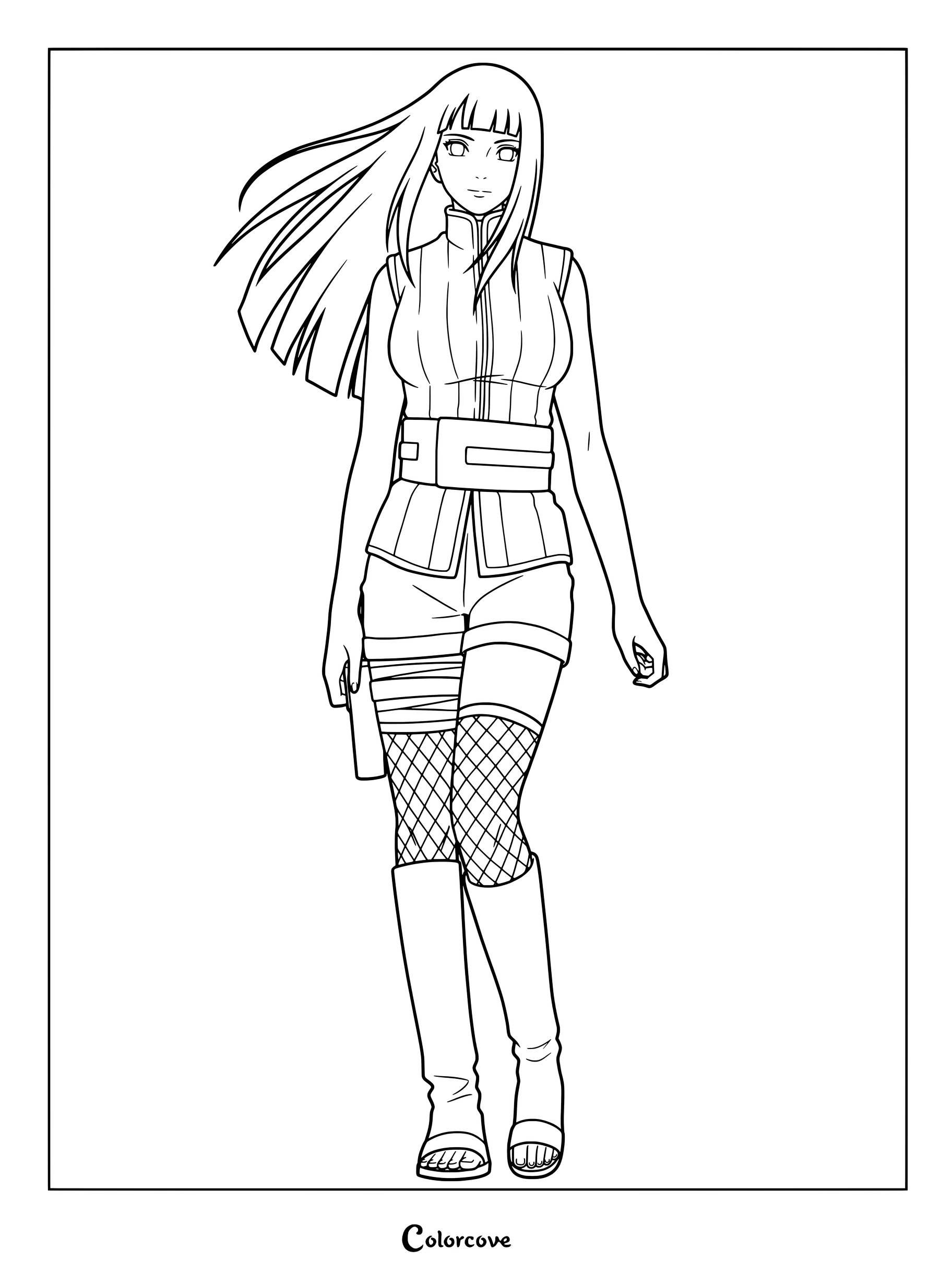 Coloriage à imprimer de Hinata Hyuga debout avec ses longs cheveux et sa tenue de ninja