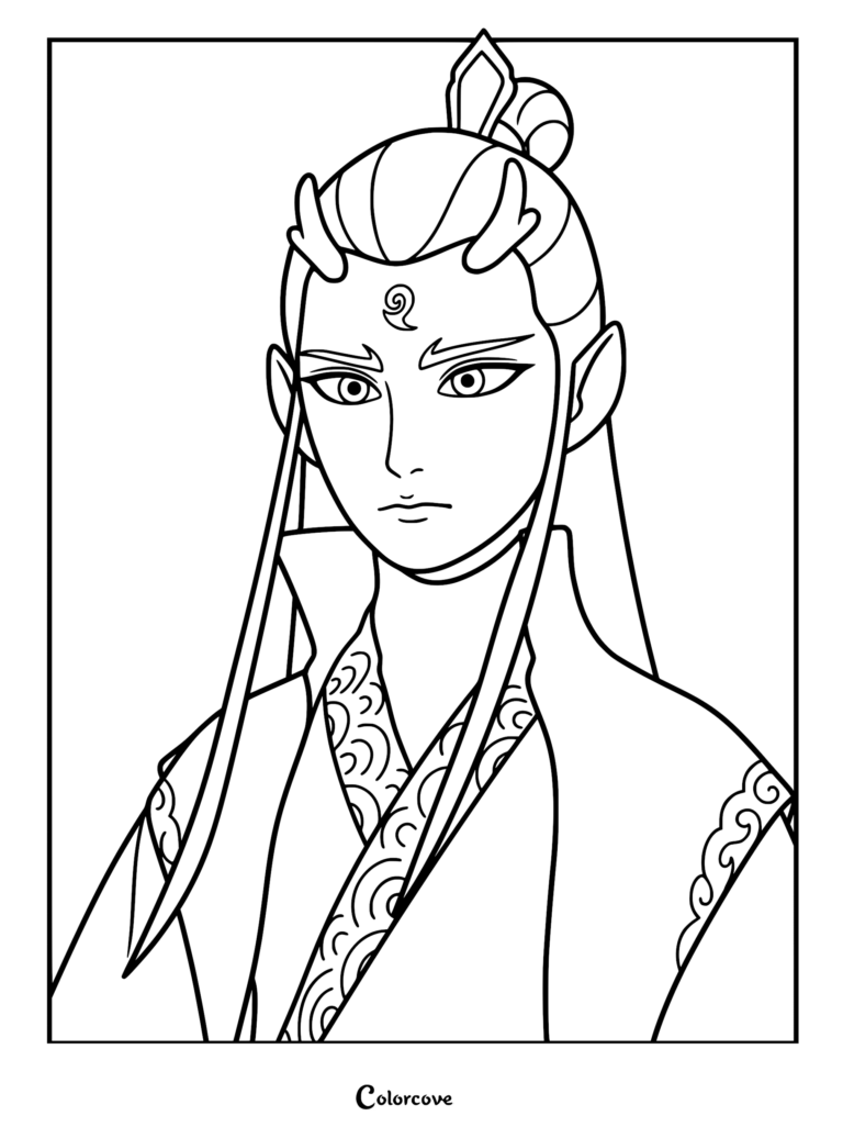A detailed coloring page of Ao Bing from Ne Zha, featuring his signature small horns, forehead mark, and traditional dragon-patterned robes.