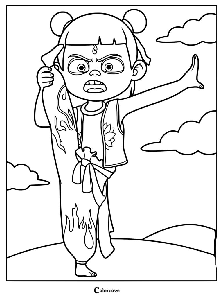 Ne Zha in a heroic stance, one leg raised, wearing his signature vest and trousers with flame patterns in this printable coloring page.