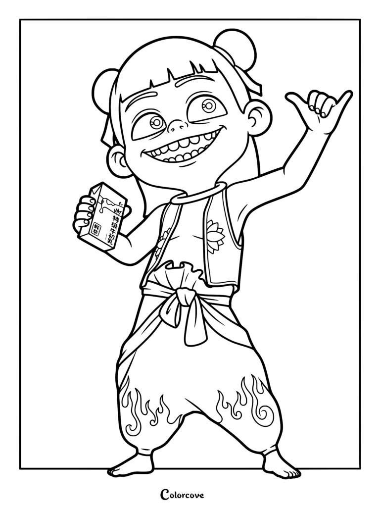 Ne Zha with his signature top knots, mischievous grin, and flame-patterned pants holding a carton of milk while giving a shaka hand sign in this printable coloring page.