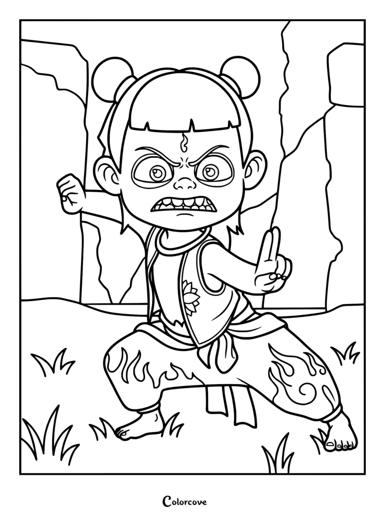 Ne Zha from the movie Ne Zha in an intense fighting stance, wearing traditional attire with flame patterns, appearing as a printable coloring page.