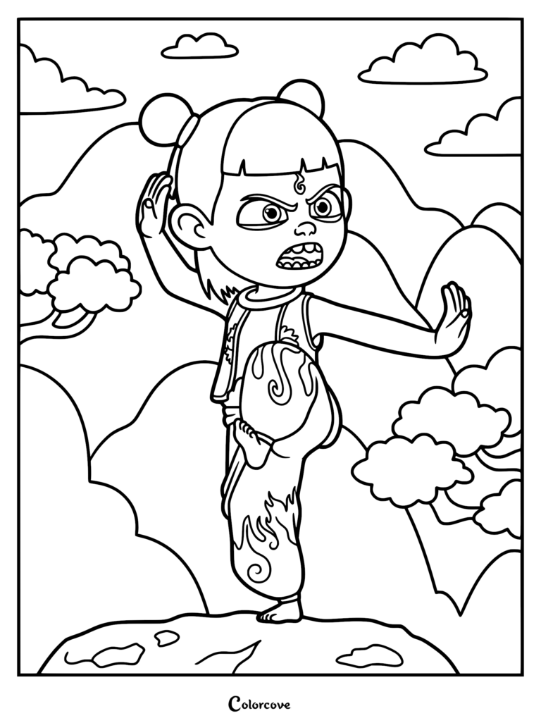 Ne Zha from the 2019 movie striking a fierce martial arts stance on a mountaintop, detailed coloring page line art.