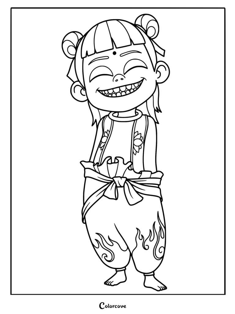 A printable coloring page featuring a joyful, smiling Ne Zha with his signature top knot buns, traditional vest, and flame-patterned pants.