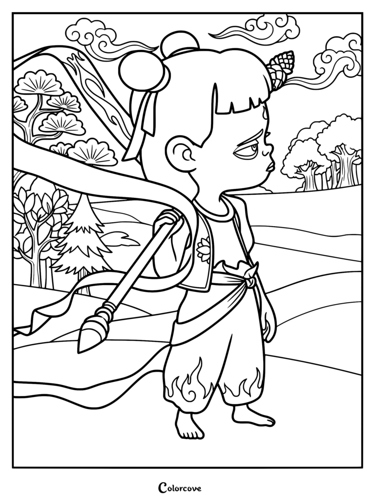 Ne Zha with his signature top knots, holding a staff over his shoulder, standing in a serene landscape with stylized trees and clouds, presented as a high-quality line art coloring page.