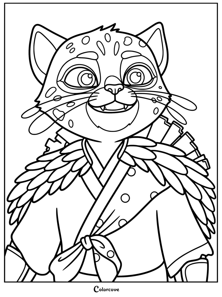 A printable coloring page featuring the leopard-like character Shen Xiaobao from the Ne Zha movie franchise, shown in an animated style with spotted fur, large expressive eyes, a traditional robe, and a feathered cloak.