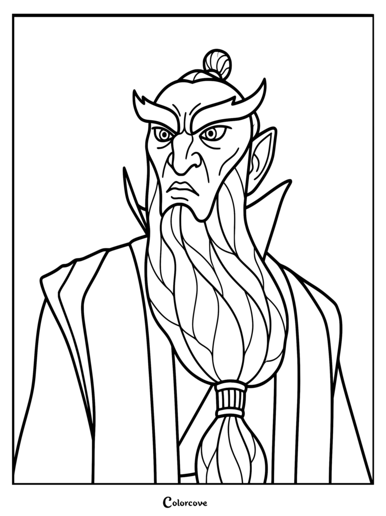 A detailed coloring page of Shen Gongbao from Ne Zha, showing his sharp features, long braided beard, and high-collared traditional robes.